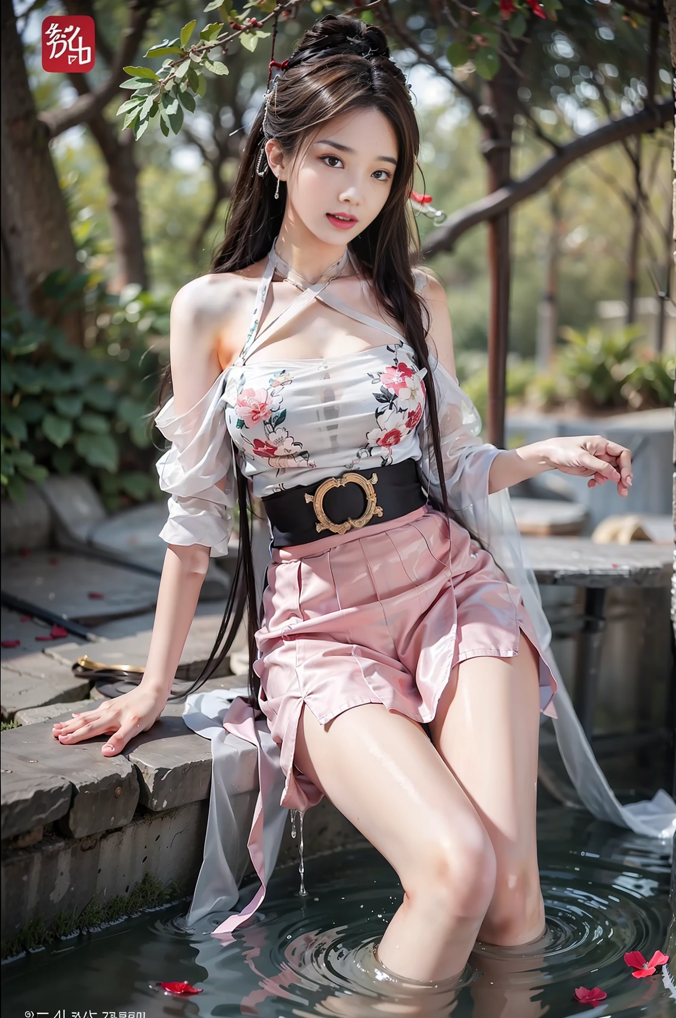 1girl, solo, brunette hair, ,(blood volume: 1),, whole body,, (realism: 1.4), official art, unreal 8k wallpaper, super detailed, beautiful aesthetics, masterpiece, best quality, (dynamic angle: 1.4), , elegant, bright colors, romanticism, sexy, transparent, see-through, Chinese hanfu, bare breast, (transparent skirt), barefoot, (wet), (see-through), (liquid flowing down the thigh), light blue skirt,