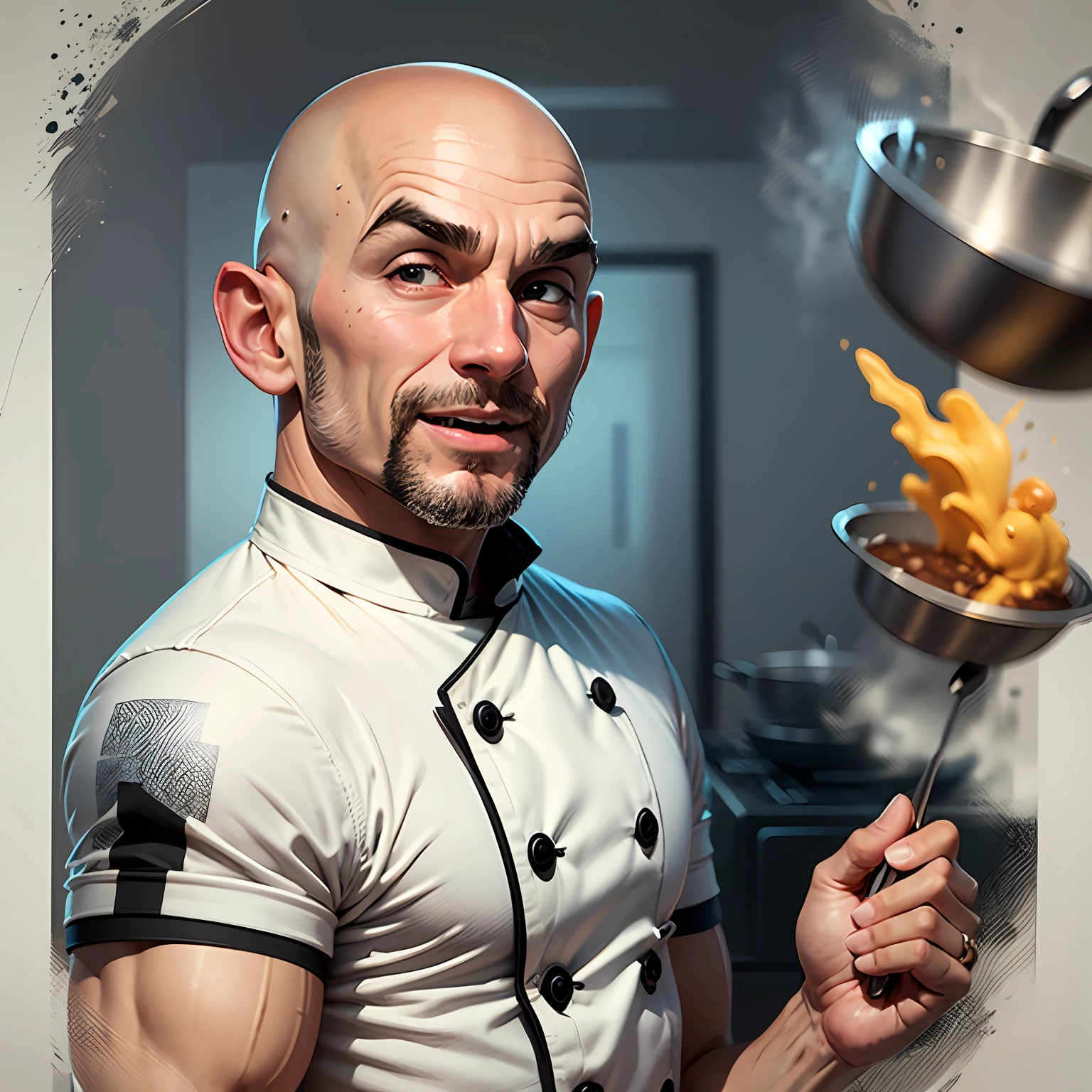 A bald man chef, enthusiastic colorful animated avatar style to Bald Man enthusiastic color chef, animated realistic fun --auto --s2