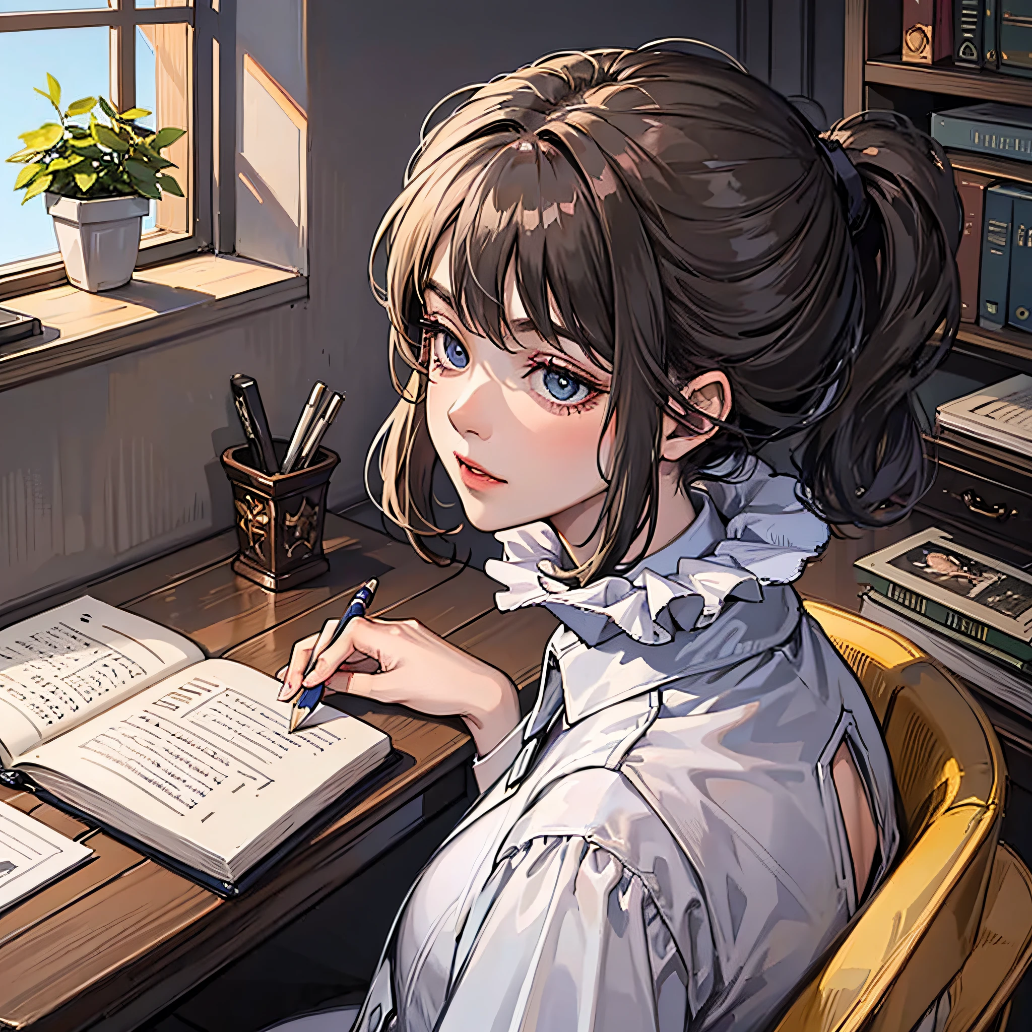 A girl with a black ponytail, wearing a white dress, is in the room, writing a novel