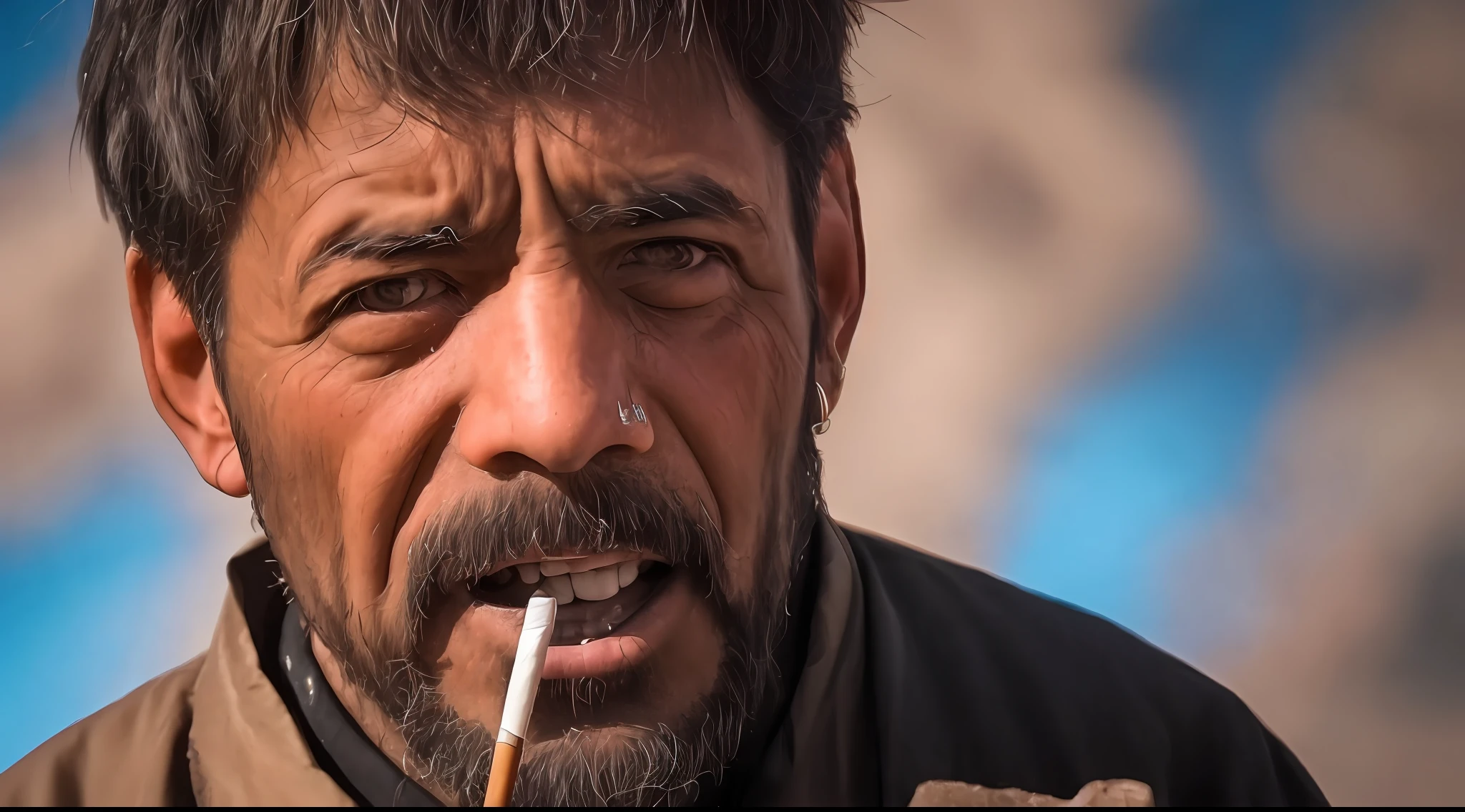 An ultra-realistic 8K RAW photo that depicts a 40-year-old man with a world-weary expression, holding a cigarette in his hand, with exquisite details that capture all the nuances of life.