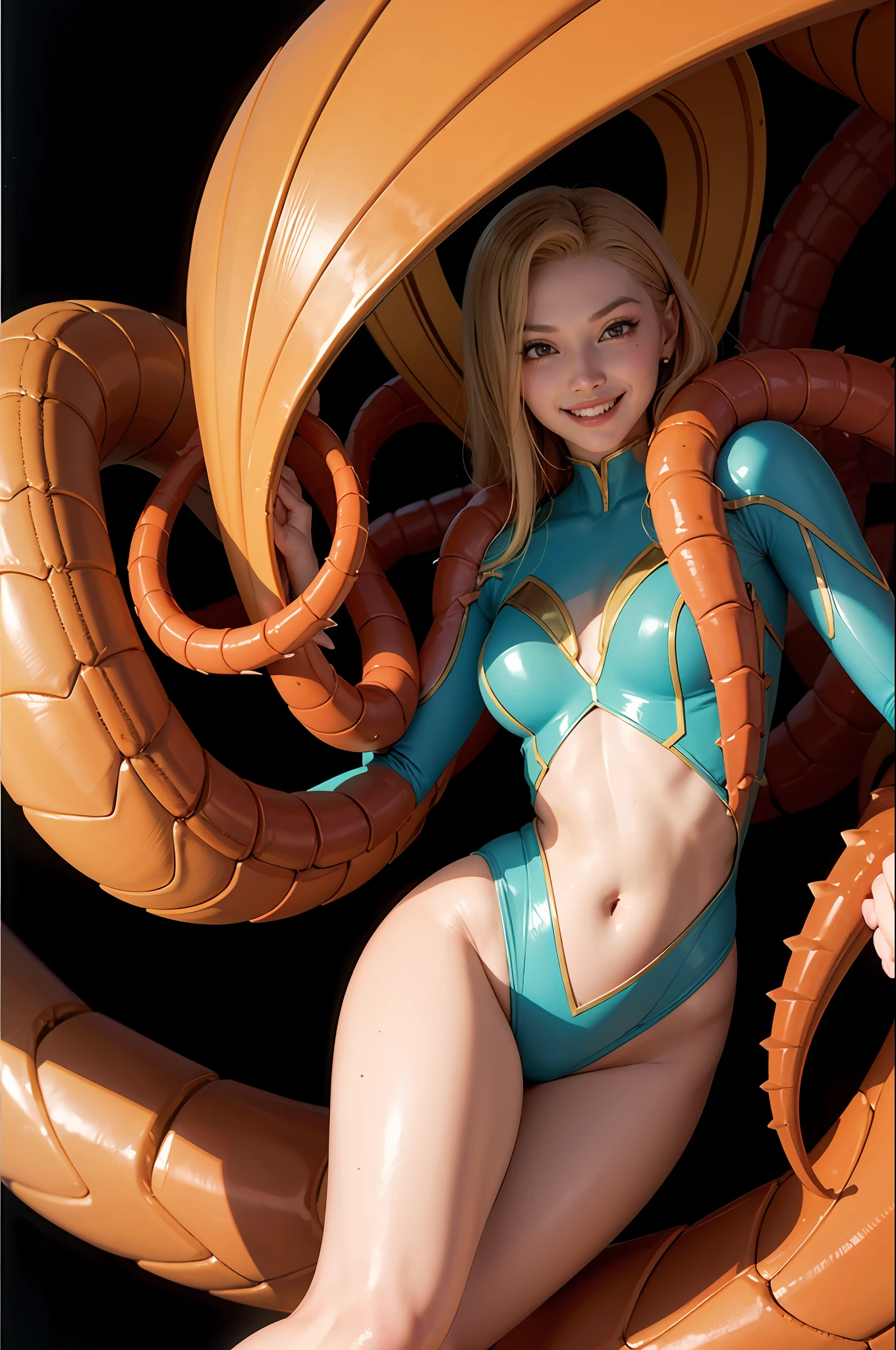 Metroid suit, hot insect shell woman, guyver style, bewitching, evil smile, scaraber reploid, tentacles, cel shade adult animation,