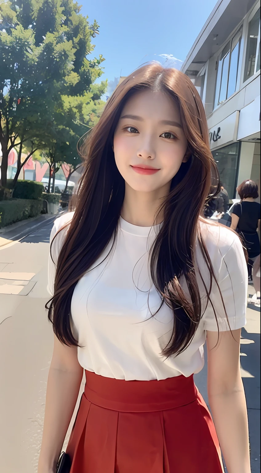 (1 Korean star with royal sister style), ((best quality, 8k, masterpiece: 1.3)), (slender body: 1.3), focus: 1.2, perfect body beauty: 1.4, (smile), (street: 1.3), highly detailed face and skin texture, fine eyes, double eyelids, whitened skin, (black straight face: 1.3), (round face: 1.5), (big red skirt: 1.4),