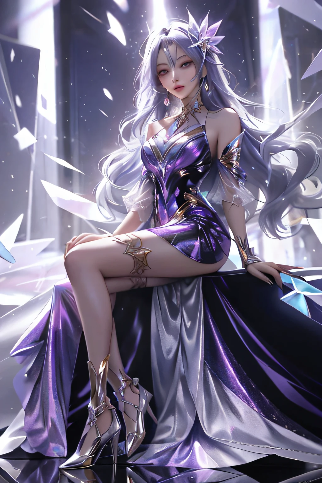 best quality, 1girl, kda, solo,  long hair,   dress, looking at viewer,  full body, sitting,