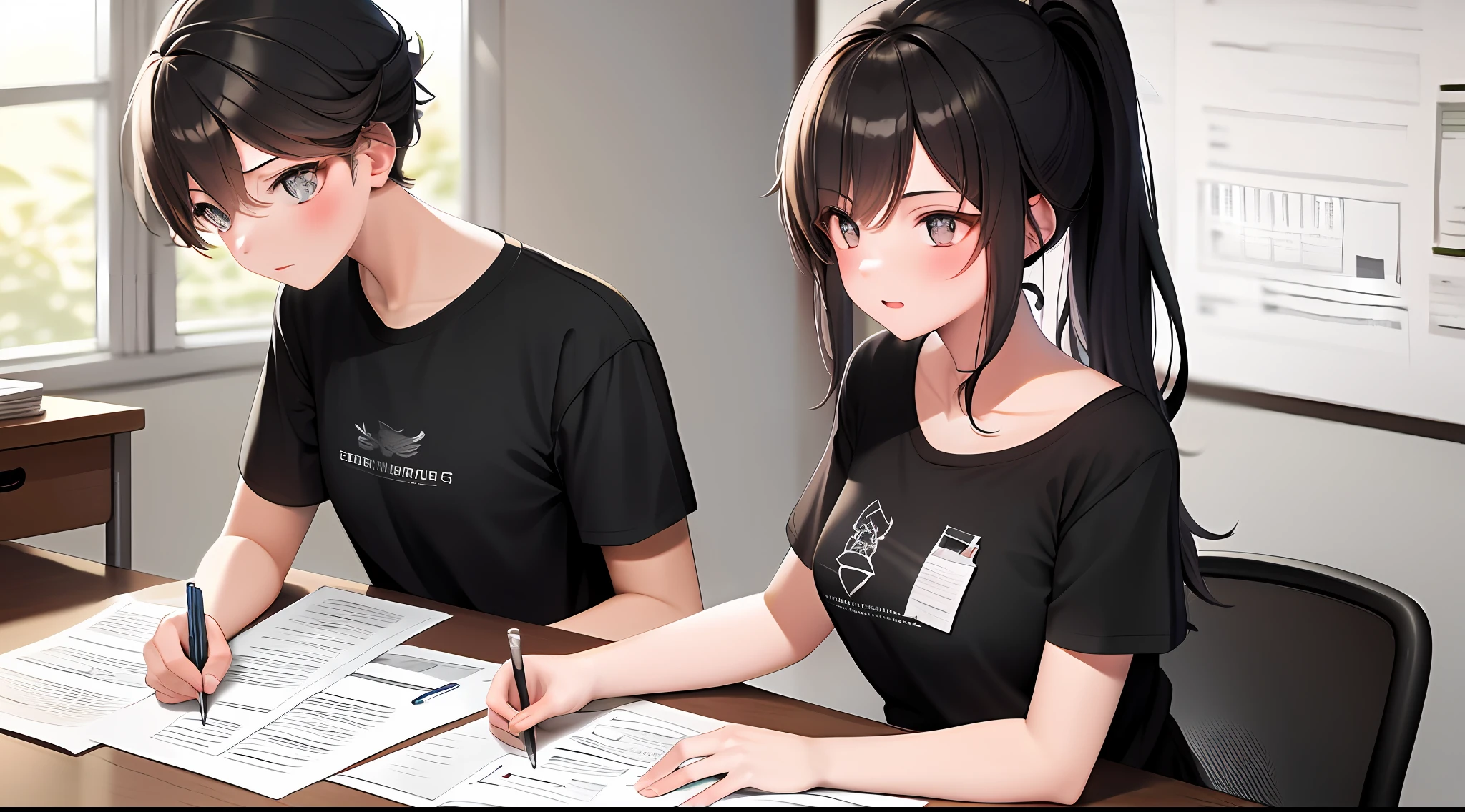 masterpiece, best quality, high resolution, one girl, loose t-shirt, girl sitting in chair and studying drafting at desk ,, studying seriously, paperwork, good luck studying, drafting, beauty, cute, ponytail, drowsiness, paperwork, 17 years old, architect