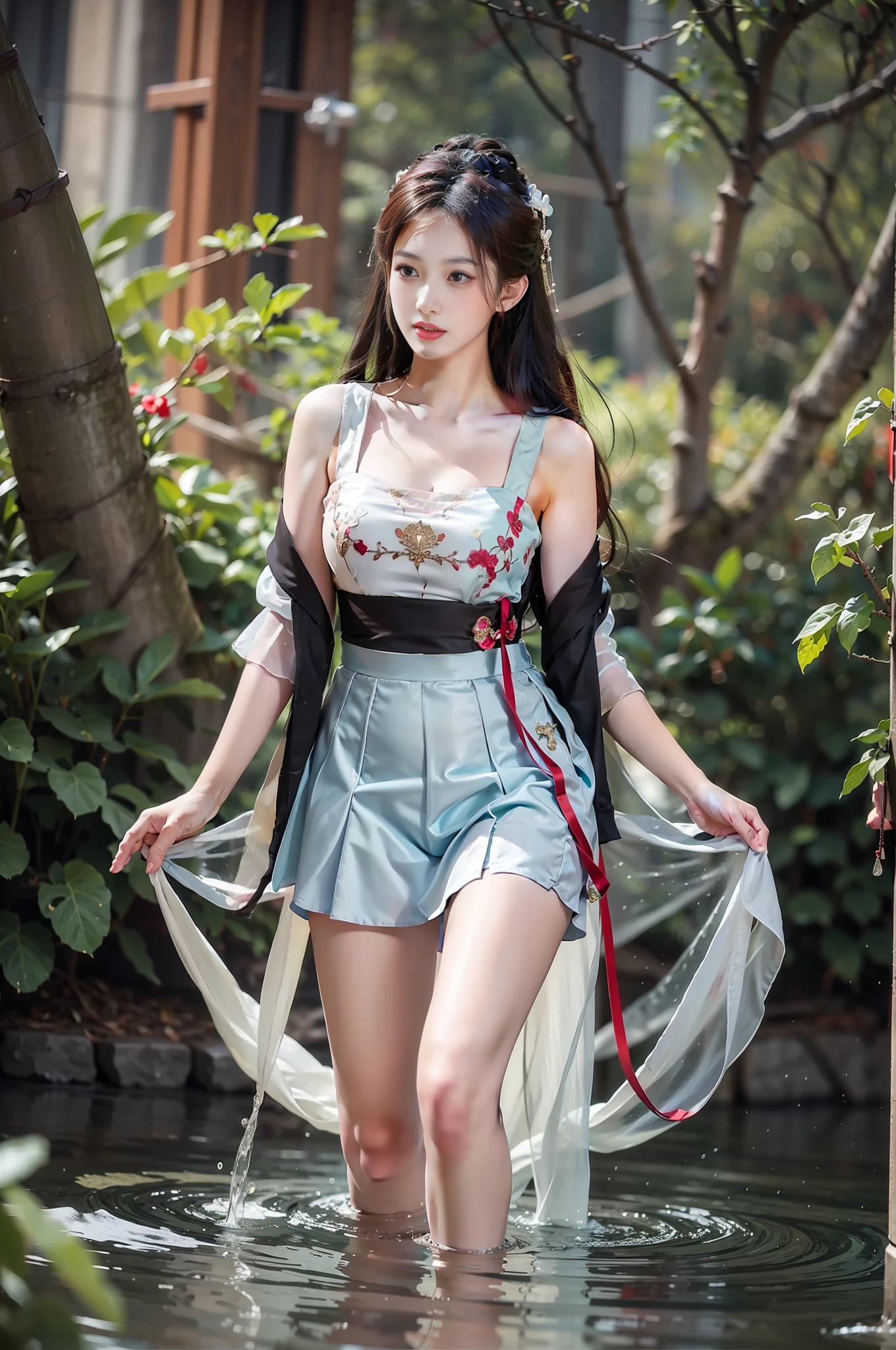 1girl, solo, brunette hair, ,(blood volume: 1),, whole body,, (realism: 1.4), official art, unreal 8k wallpaper, super detailed, beautiful aesthetics, masterpiece, best quality, (dynamic angle: 1.4), , elegant, bright colors, romanticism, sexy, transparent, see-through, Chinese hanfu, bare breast, (transparent skirt), barefoot, (wet), (see-through), (liquid flowing down the thigh), light blue skirt,