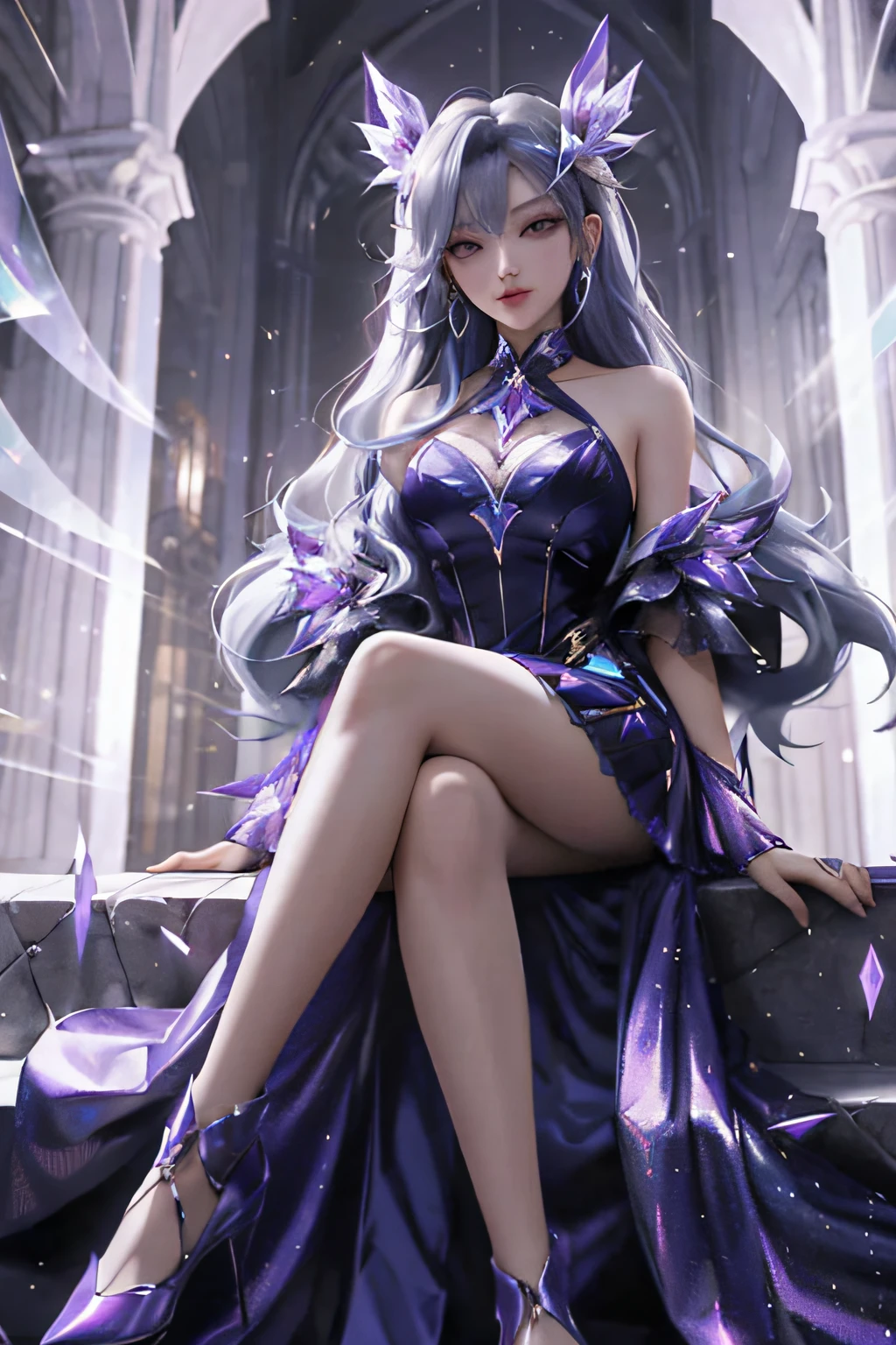 best quality, 1girl, kda, solo, long hair, dress, looking at viewer, full body, sitting,