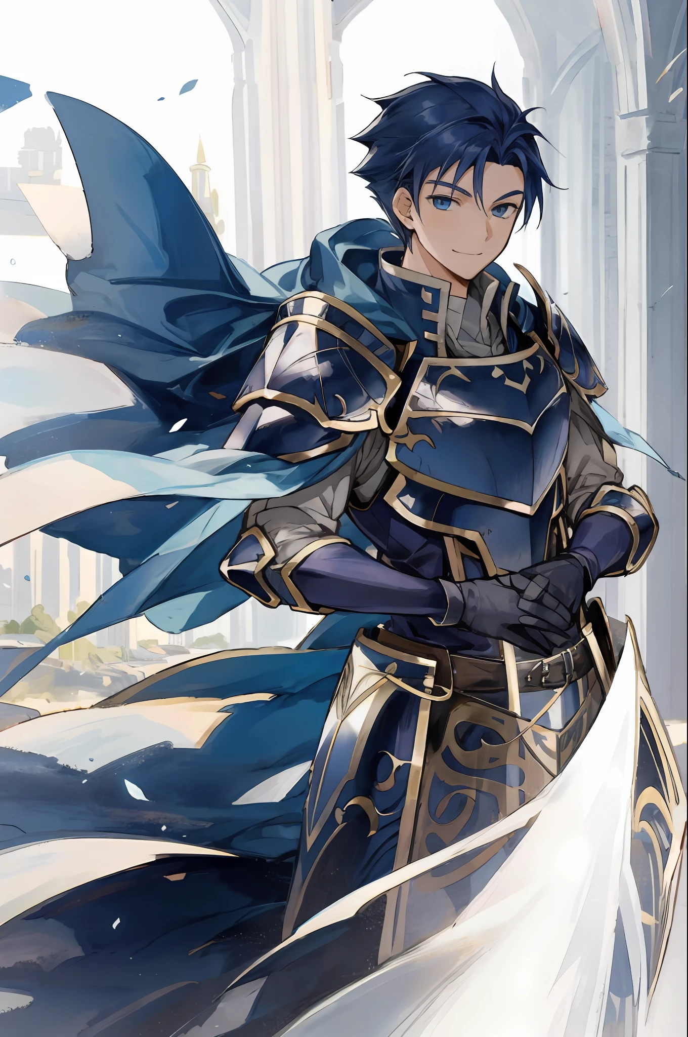 hector fe, solo, looking at viewer, smile, gloves, 1boy, male focus, cape, armor, shoulder armor, castle scenery