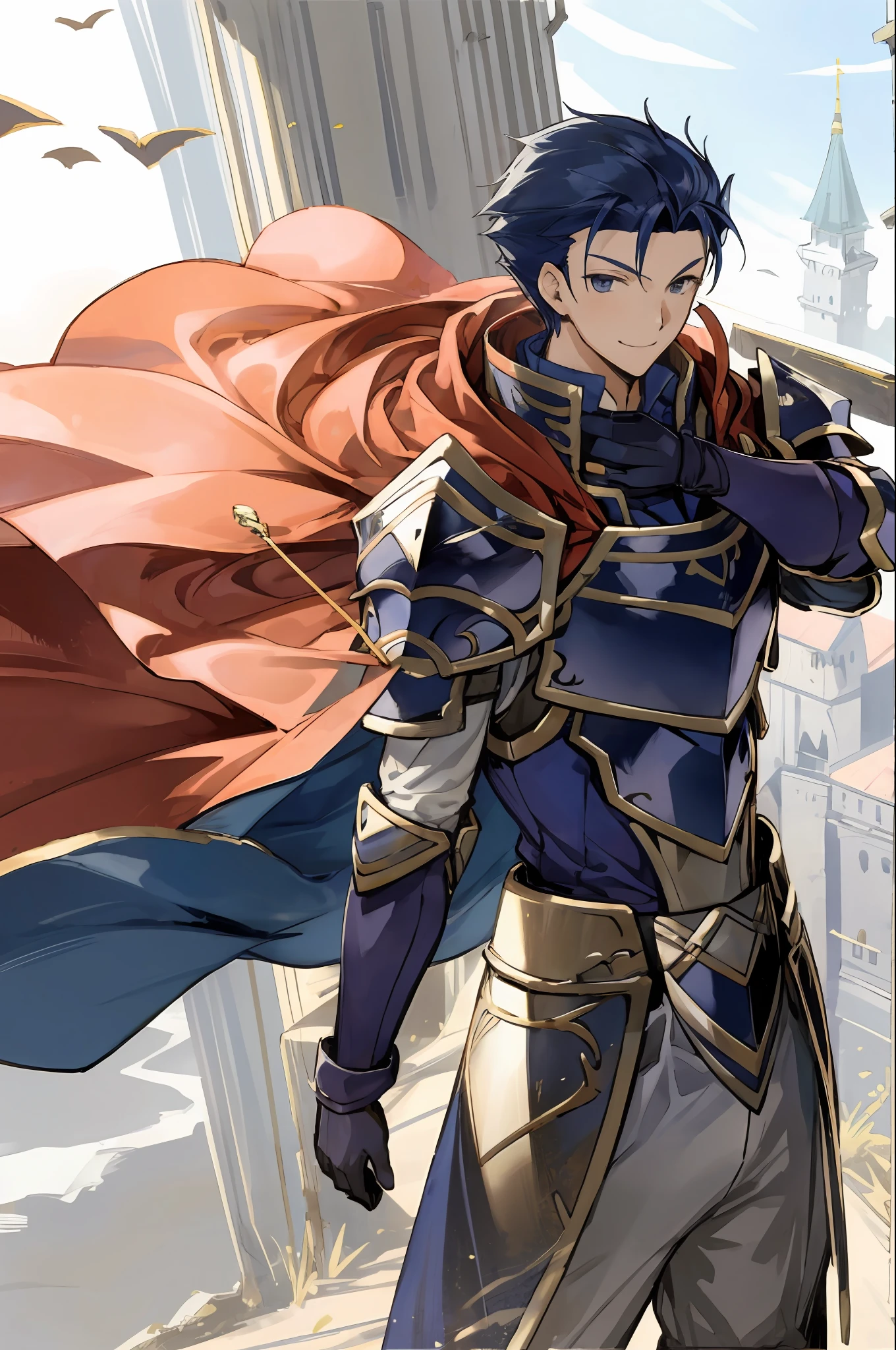 hector fe, solo, looking at viewer, smile, gloves, 1boy, male focus, cape, armor, shoulder armor, castle scenery