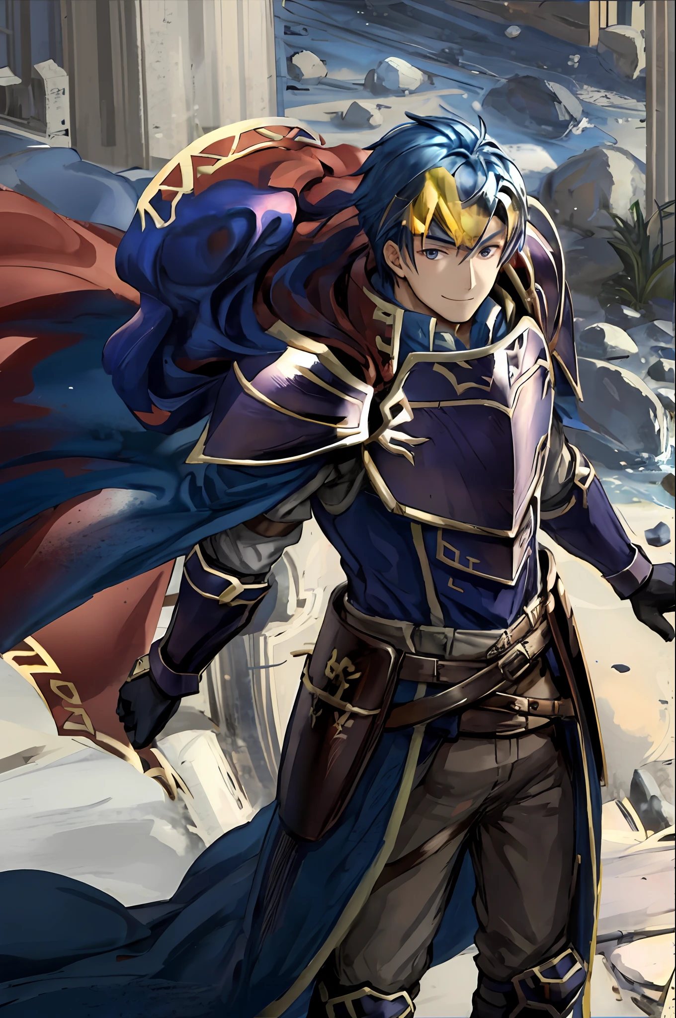hector fe, solo, looking at viewer, smile, gloves, 1boy, male focus, cape, armor, shoulder armor, castle scenery