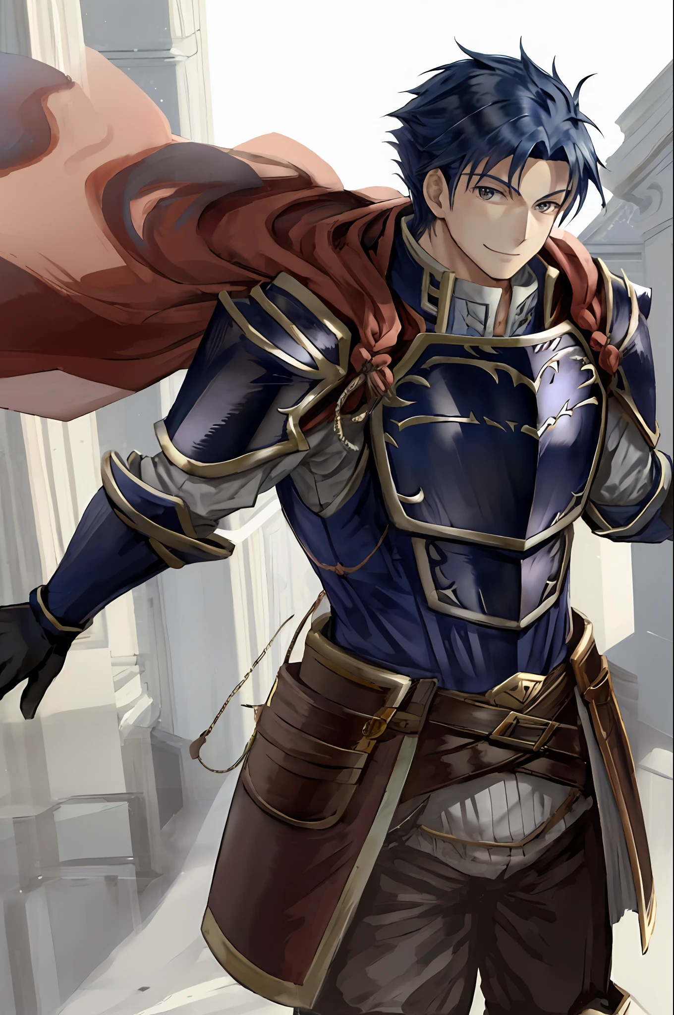 hector fe, solo, looking at viewer, smile, gloves, 1boy, male focus, cape, armor, shoulder armor, castle scenery