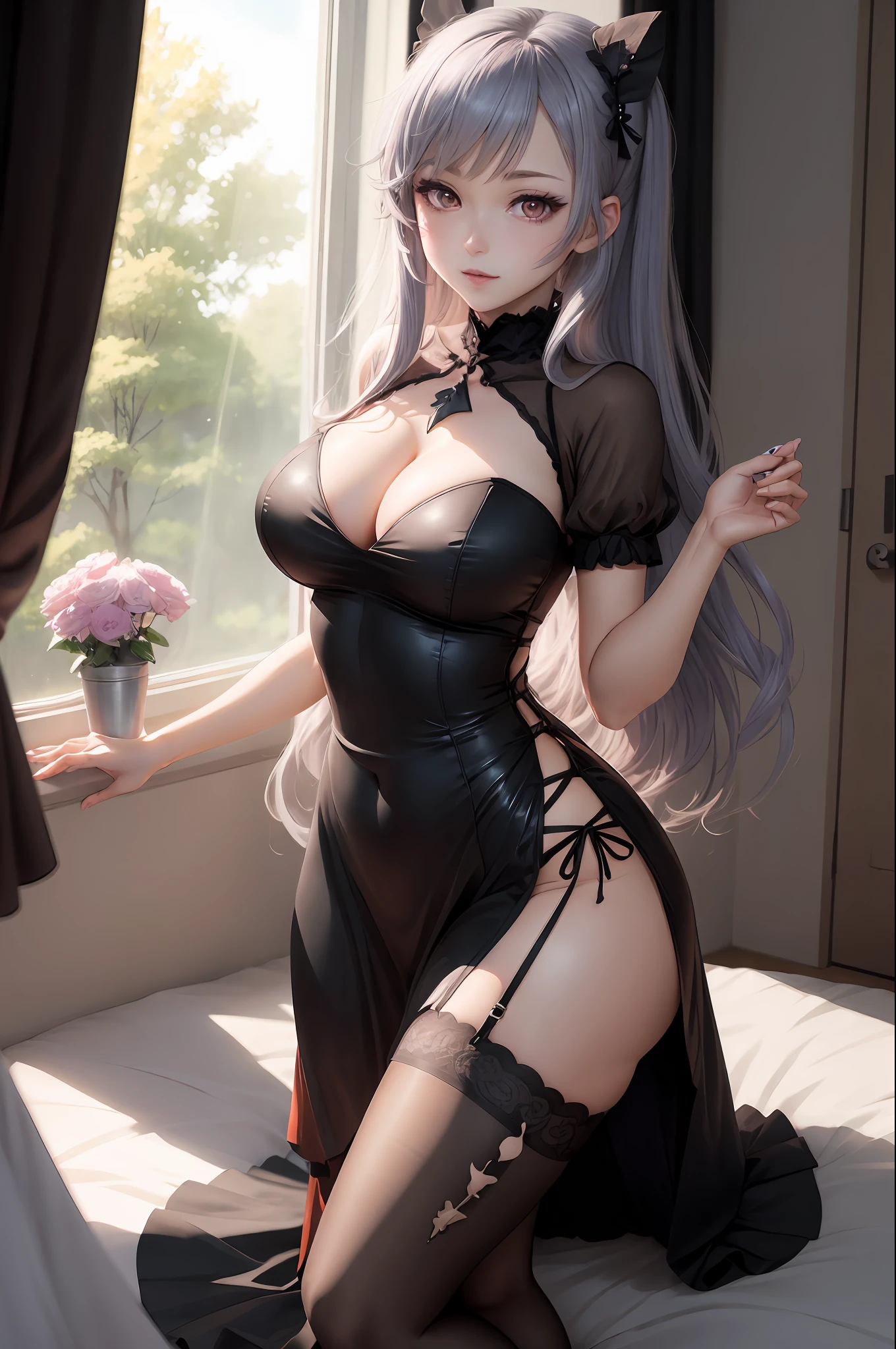 A woman in a black dress and stockings poses in front of the window, seductive anime girl, cute anime waifu in beautiful clothes,  in dress, beautiful and seductive anime woman with exquisite details. Girl Front, Anime Girl Wearing Black Dress, Anime Moe Art Style, Black, Marin Kitagawa Doujin Art, [ 4 K Digital Art]!! , big breasts