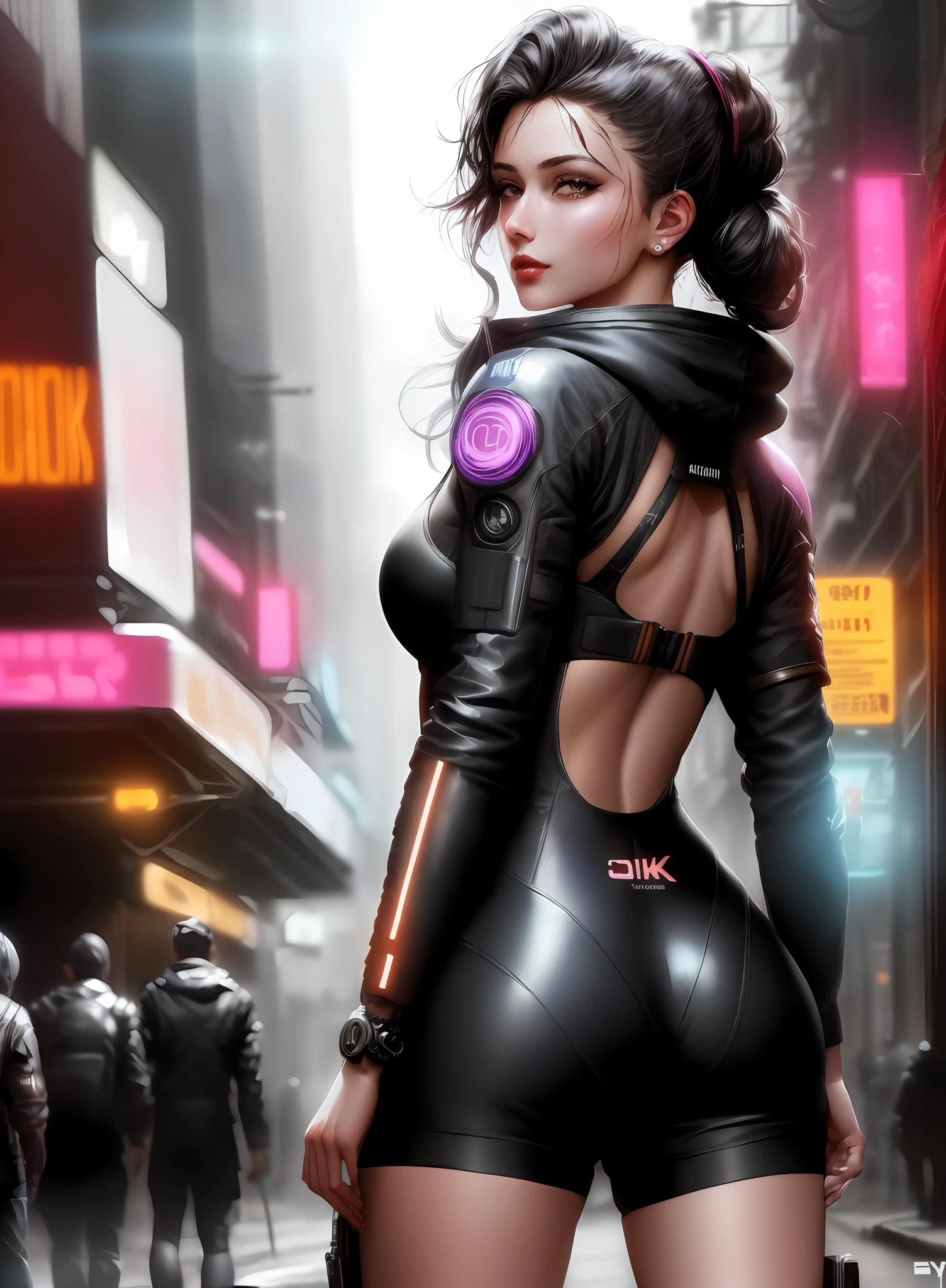 ModelShoot style, (very detailed 8k wallpaper), depicting characters in cyberpunk streets, pose character design study, backlight, light, very detailed, trends on artstation, 1 wife, solo