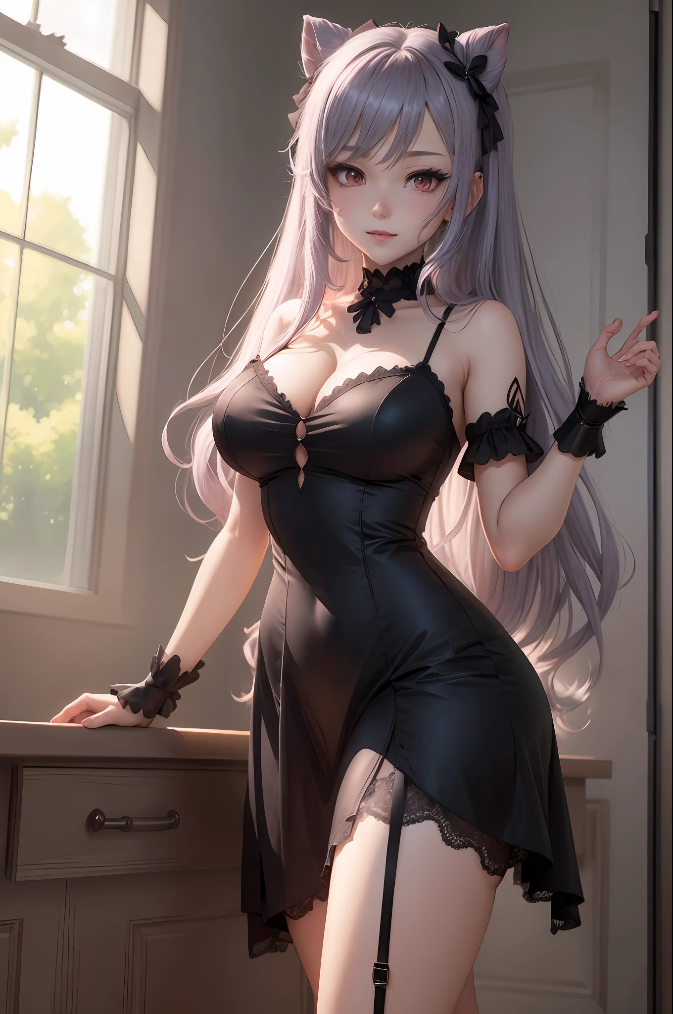 A woman in a black dress and stockings poses in front of the window, seductive anime girl, cute anime waifu in beautiful clothes, loli in dress, beautiful and seductive anime woman with exquisite details. Girl Front, Anime Girl Wearing Black Dress, Anime Moe Art Style, Black, Marin Kitagawa Doujin Art, [ 4 K Digital Art]!! , big breasts
