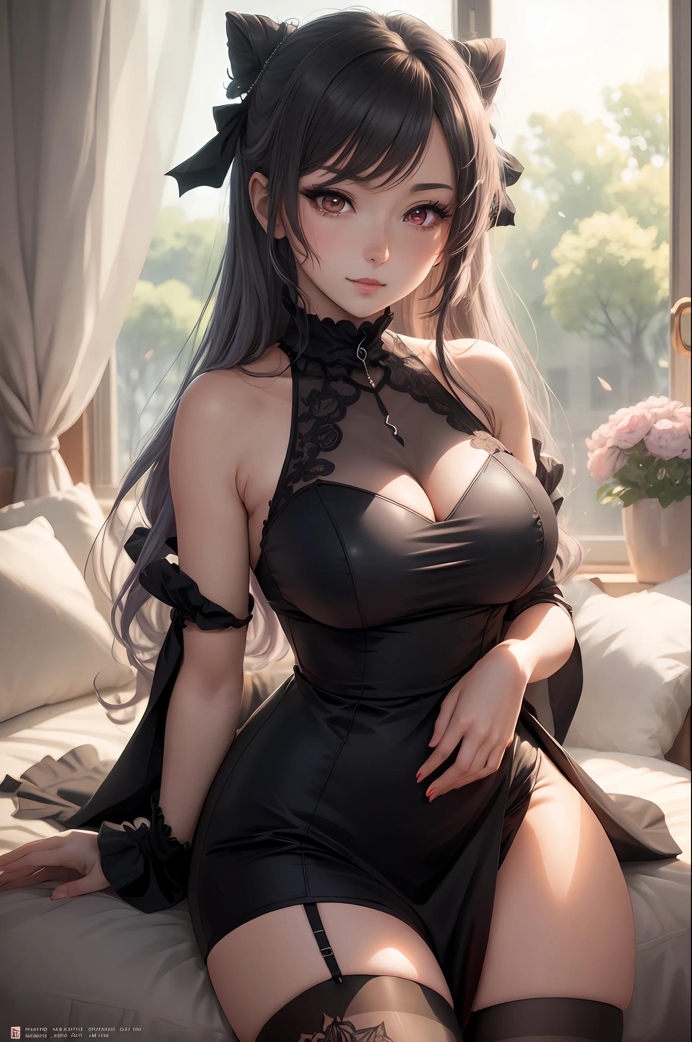 A woman in a black dress and stockings poses in front of the window, seductive anime girl, cute anime waifu in beautiful clothes, **** in dress, beautiful and seductive anime woman with exquisite details. Girl Front, Anime Girl Wearing Black Dress, Anime Moe Art Style, Black, Marin Kitagawa Doujin Art, [ 4 K Digital Art]!! , big breasts