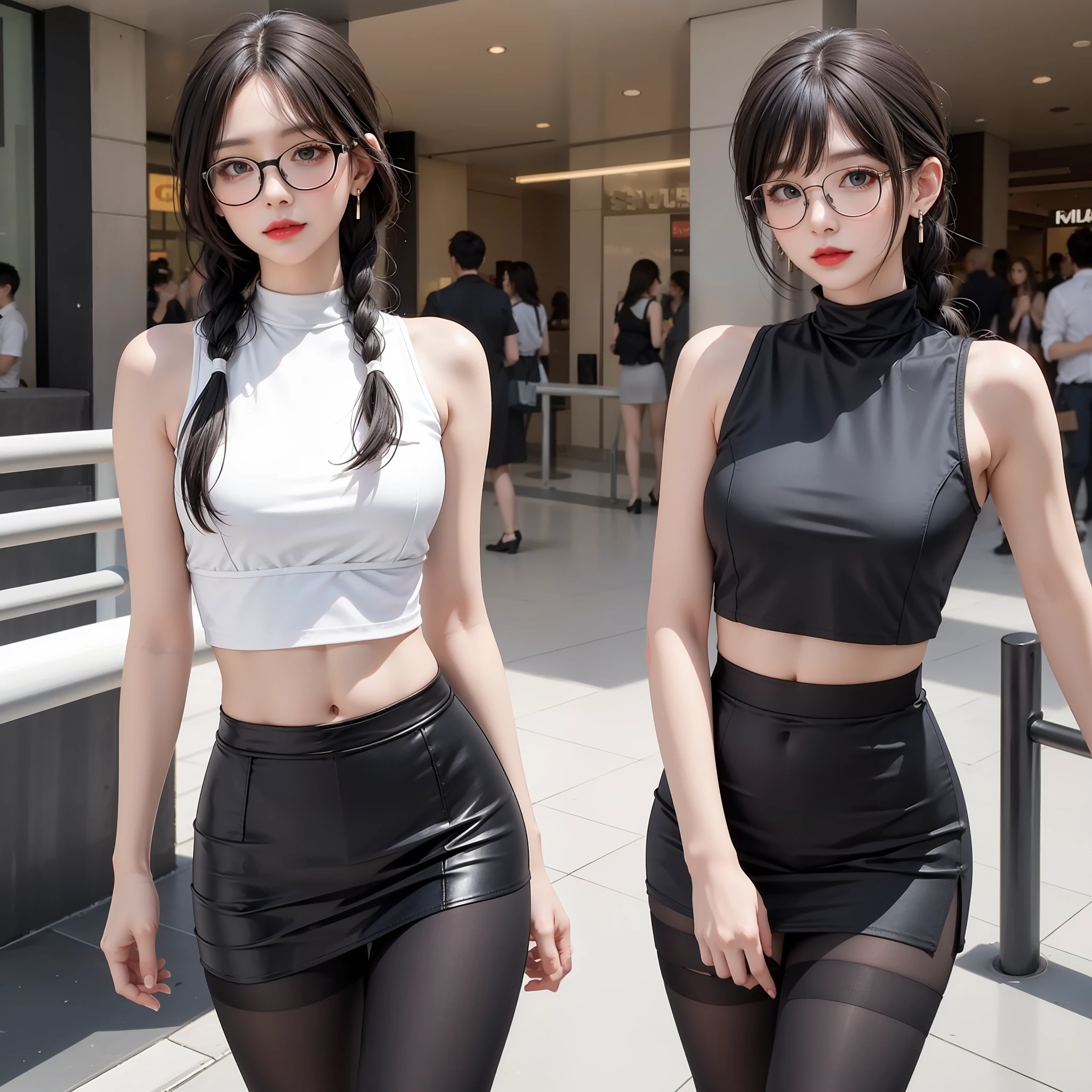 A silly white sweet, wearing glasses, masterpiece, light makeup, red lips, coiled hair, side braids, shopping mall background, beautiful, elegant. Ultra-fine details, master works, real texture, cinematic lighting realism, perfect works, 8k, high definition, exquisite facial features. The upper body is wearing an elastic sleeveless slanted shoulder top, showing the navel and a small waist. The lower body is wearing a beautiful tight hip skirt, sexy black tights, and an S-shaped curved body. Pear-shaped body. Rounded hips, slender little waist, sexy chest, vest line, collarbone, bright big eyes, smooth skin, earrings, tattoos, short and cute beautiful legs. Deep in the human, cat cherry lips. Perfect waist-hip ratio. Peerless looks