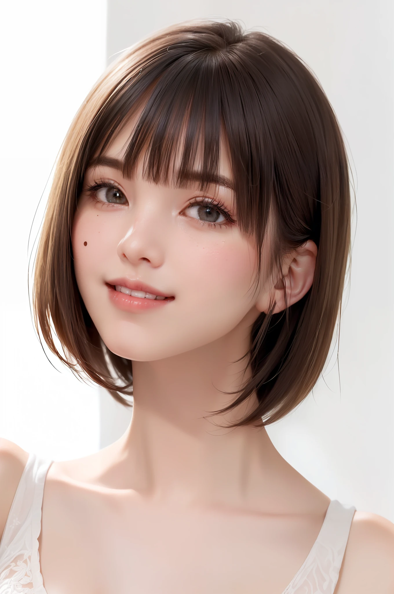 (((showpiece, top quality, high precision)), one girl, (big breasts, photorealistic), ((((slightly above the camera, looking up at the camera, looking up, looking up at the camera, staring at the camera))), solo, , white background, snow-white background, mouth closed, happy smile, pretty black hair, short hair, big eyes, pronounced double eyelids, lashes, ears, long neck, absolute area, ((close-up of the face, short hair with bangs)), 19 years old, attractive proportions, shiny skin, clean collarbone, golden ratio face, perfect face, tear mole, mole on the chest, bangs, clean bangs, beautiful bangs, lip gloss, thin lips, white skin, undressed, big breasts, small face, small face, Staring slightly upwards at the camera, ((smiling a little at the camera, really nothing immaculate background, huge, big breasts))