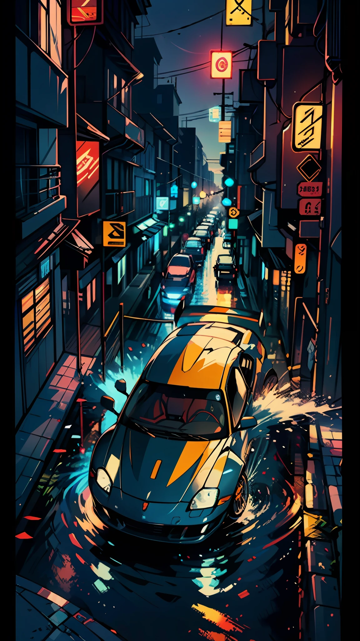 Sports Car, retro, full color, multicolor, artful, top detail, super quality, fine details, highlights, neon lights,