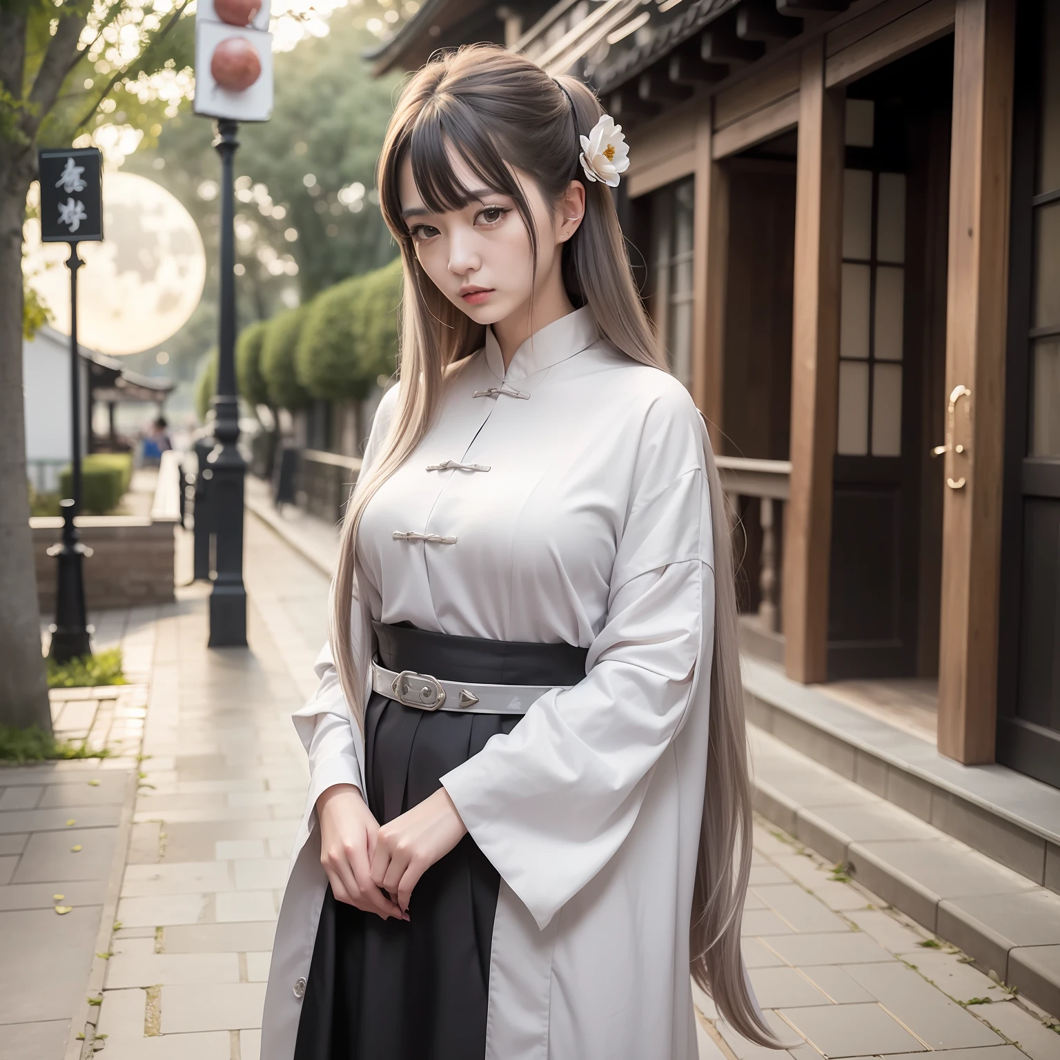 Masterpiece, Best, Night, Full Moon, 1 Female, Mature Woman, Chinese Style, Ancient China, Elder Sister, Royal Sister, Cold Face, Expressionless, Silver White Long Haired Woman, Pale Pink Lips, Calm, Intellectual, Three Belts, Gray Hitomi, assassin, dagger, flower ball background, street view