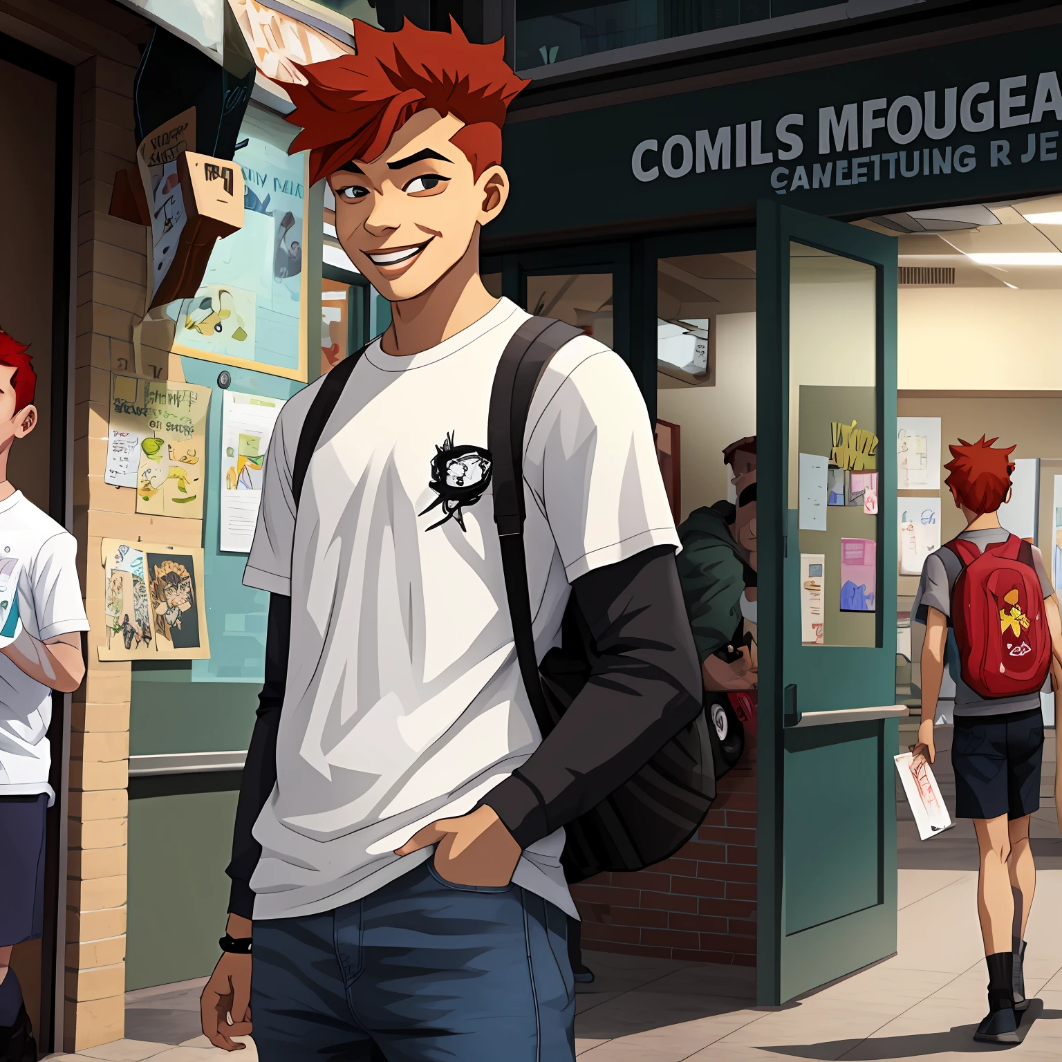 young skinny boy smiling, high school boy with red hair, short boy, cool little young boy, punk boy, 2d character, comics style