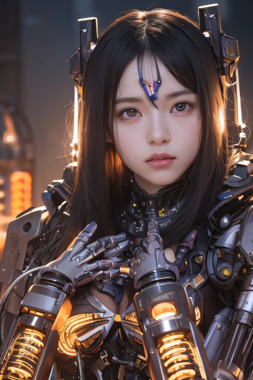Top Quality, Masterpiece, Ultra High Resolution, (Photorealistic: 1.4), Raw Photo, 1 Girl, Black Hair, Glossy Skin, 1 Mechanical Girl, (Ultra Realistic Detail)), Portrait, Global Illumination, Shadows, Octane Rendering, 8K, Ultra Sharp, Big, Cleavage Exposed Raw Skin, Metal, Intricate Ornament Details, Japan Details, Very intricate details, realistic light, CGSoation trend, purple eyes, glowing eyes, facing the camera, neon details, mechanical limbs, blood vessels connected to the tube, mechanical vertebrae attached to the back, mechanical cervical attachment to the neck, sitting, wires and cables connecting to the head, gundam, small LED lamps,