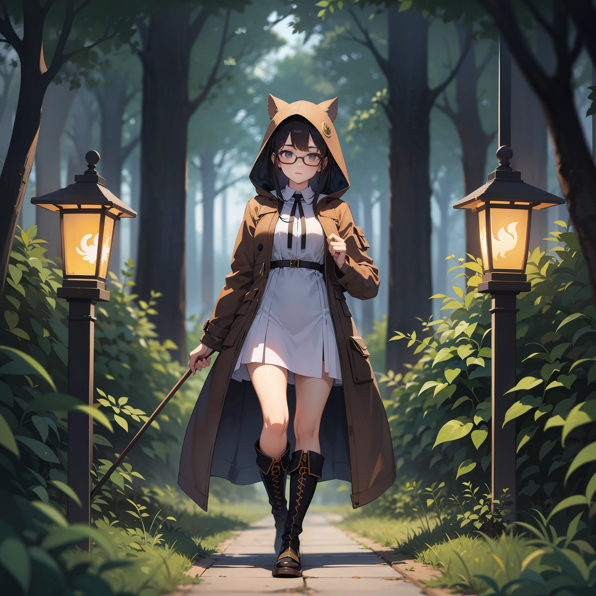woman, dress, jacket, hood, high detail, glasses, full body, boots, A magical forest with trees that have lanterns on their branches, illuminating the path during the night