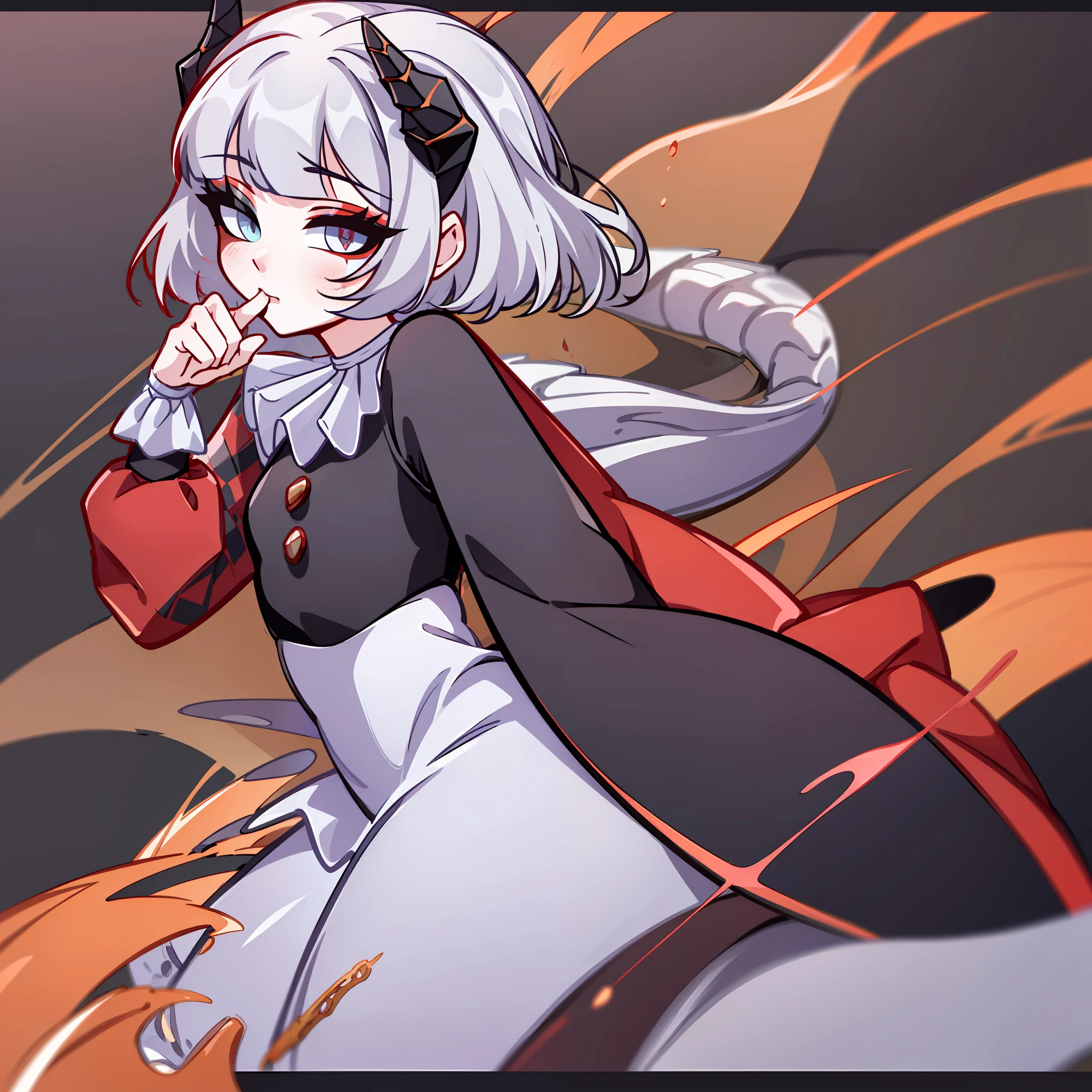 (Best quality: 1.0), (super high res: 1.0), extremely detailed character, detailed Hands, half-dragon girl, horns, scales on the neck, scales on the shoulders, scales on the forearm, scales on the cheek, girl with dragon tail, dragon tail, extremely detailed hair, short hair, ((white hair)), ((black locks)), extremely detailed eyes, eye with different colors, heterochromia, white right eye, black left eye, dragon eyes, 2d, anime art, (()), ((full body)), standing, medieval, Rpg, small, cute, index finger in mouth