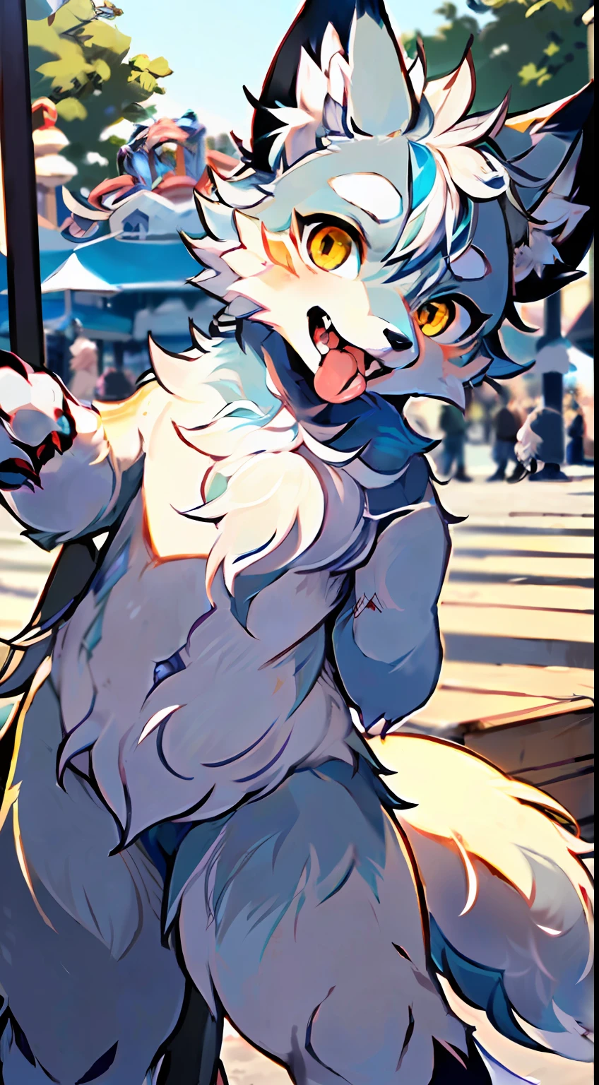 (Best Picture Quality), (master masterpiece), ((Single person)),(ultra Detailed), (Furries), shaggy，，full body portrait,(Male Arctic fox:1.5), (Gray fur:1.3), (Fluffy Tail:1.2), (Golden eyes), (sharp claws), (Blue ears), open  mouth, Sharply Focused,(The furry feeling of animal ears)，((In an amusement park))，((making mouths water))，1024*1024