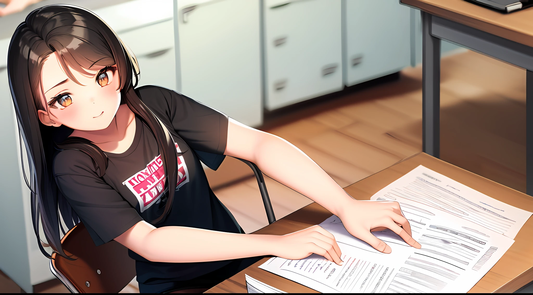 masterpiece, top quality, high resolution, one girl, flappy t-shirt, girl sitting on chair and studying drafting at desk ,, studying seriously, paperwork, good luck studying, drafting, beauty, cute, nap, paperwork, 17 years old, architect