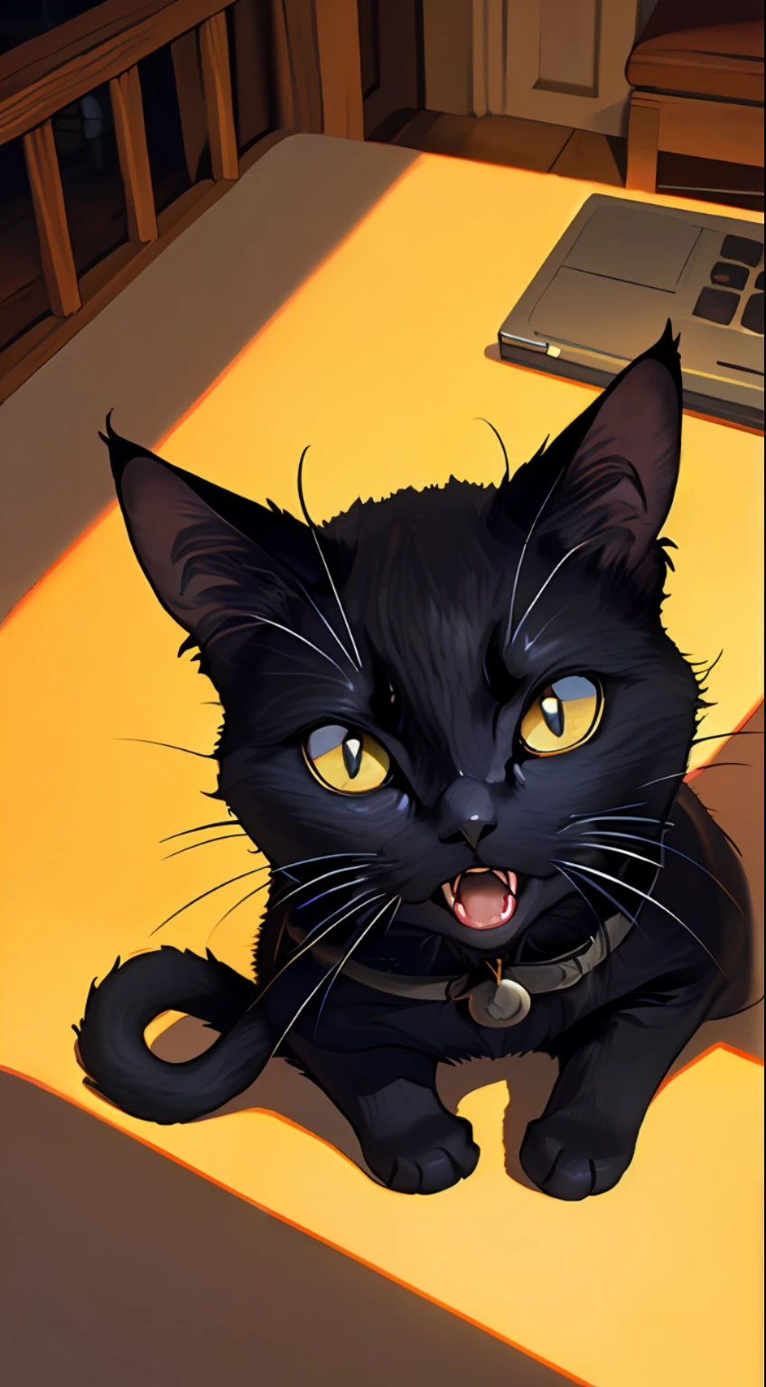 Solid round eyes, (male/male), serious, fangs, (((black cat sheriff, anthropomorphic, cartoon character))), sheriff, eye reflection, glare, cat ears, surrealism, shadow, tachi-e, pov, atmospheric perspective, chiaroscuro, ray tracing, cinematic lighting, sony fe gm, from above, 8k, super detail, ccurate, best quality, uhd, masterpiece, high resolution, 8K
