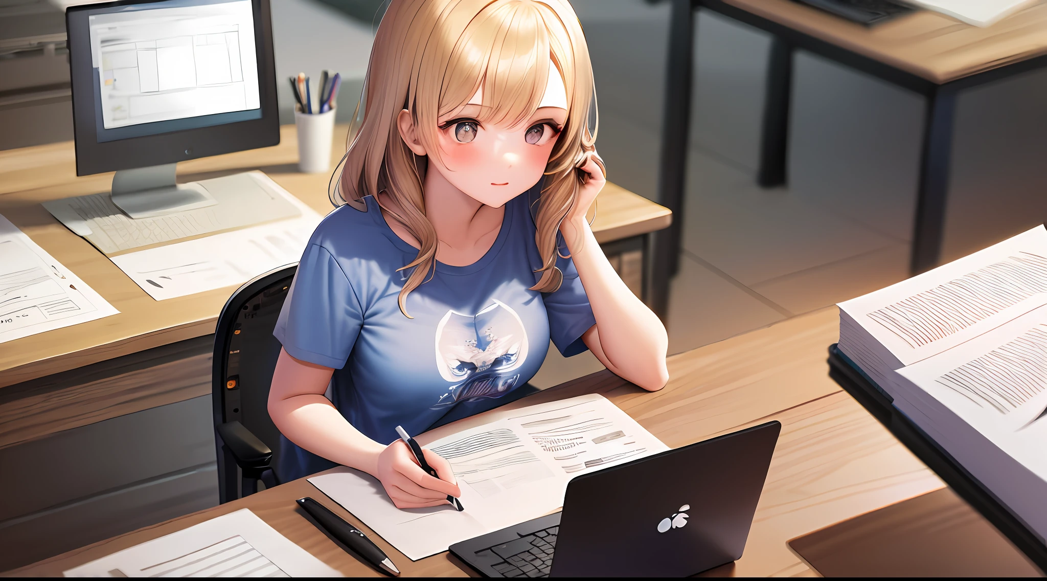 masterpiece, top quality, high resolution, one girl, flappy t-shirt, girl sitting on chair and studying drafting at desk ,, studying seriously, paperwork, good luck studying, drafting, beauty, cute, nap, paperwork, 17 years old, architect