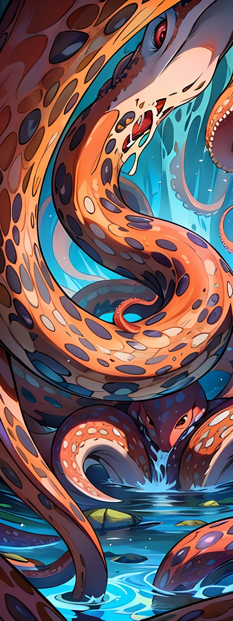 There is a red octopus sitting on the ground, many tentacles, many sucked tentacles. Hybridized, delicate in detail. Anime. Tentacles, octopus tentacles, gorgeous tentacles growing around, huge tentacles, tentacles around, covered with tentacles, large long hell snake octopus, tentacles
