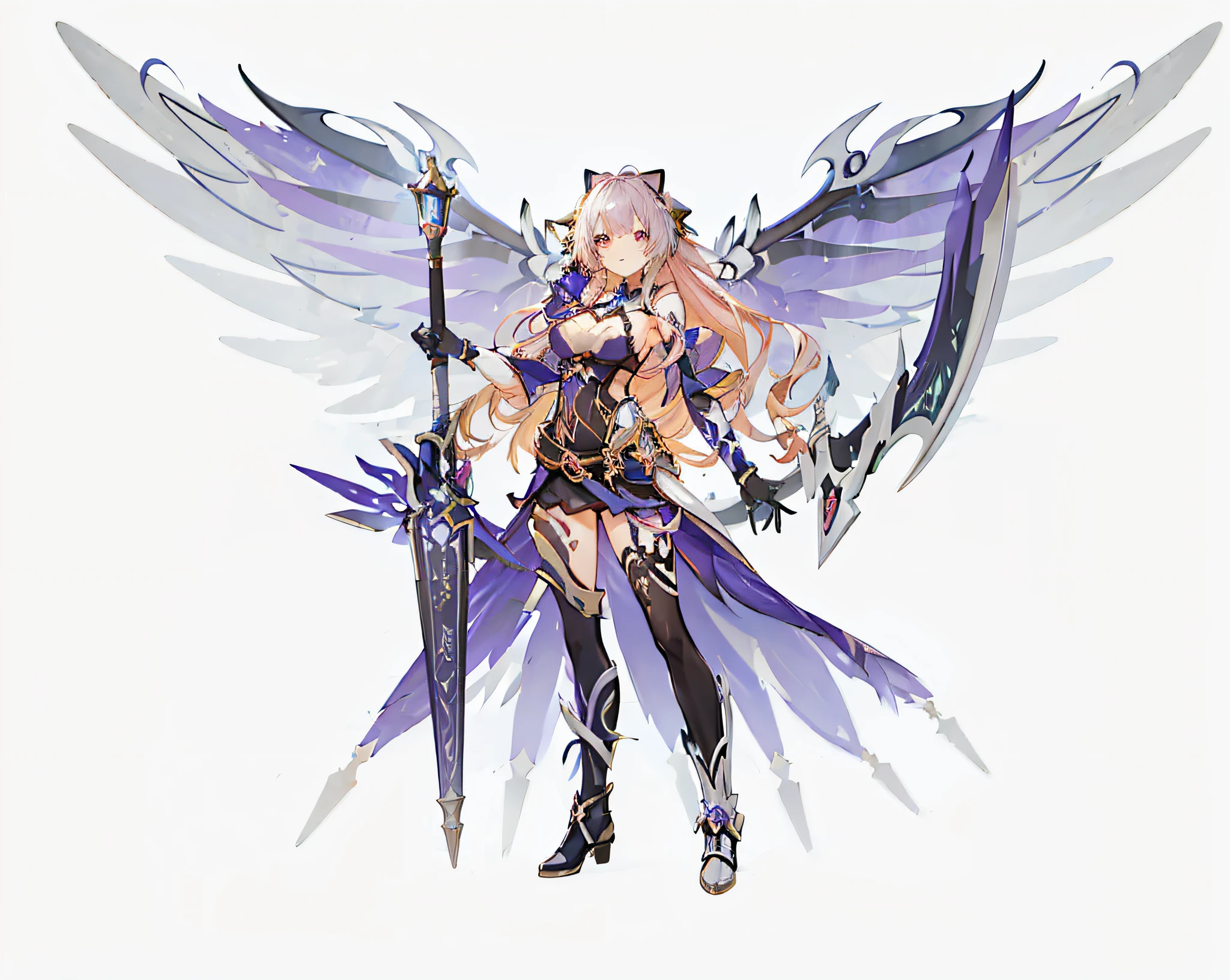 anime character with wings and sword in a black and purple outfit, valkyrie style character, as a mystical valkyrie, angel knight girl, mechanized valkyrie girl, ayaka genshin impact, mystical valkyrie, shadowverse character concept, winged archer, shadowverse style, ayaka game genshin impact, epic mage girl character, official character art, warrior character design