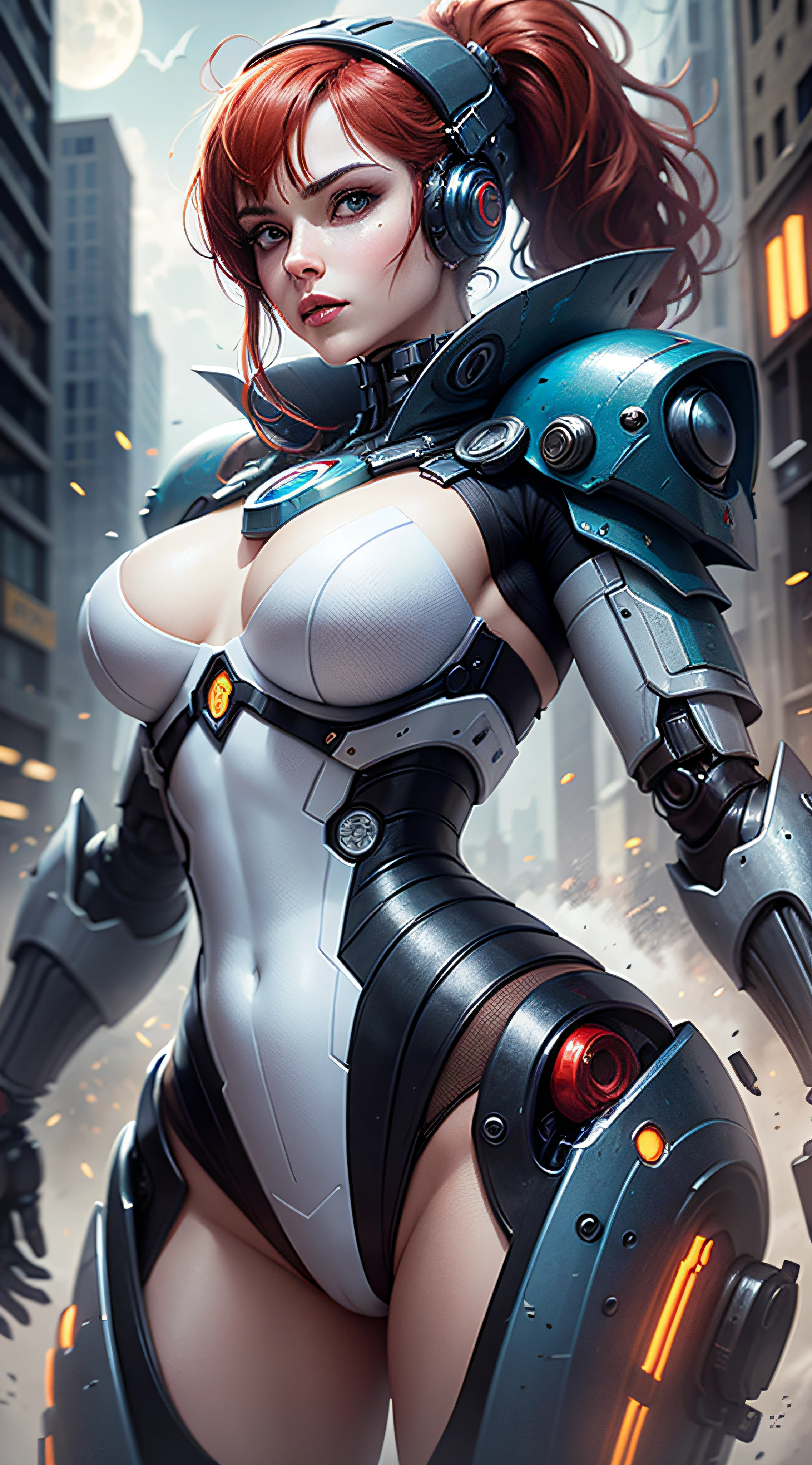 Dark_Fantasy, Cyberpunk, (beautiful woman with white mecha,Red,Blue: 1.1) batman cosplay,Mechanical wonder,Robotic presence,Cybernetic guardian, wearing a worn mechanical suit, intricate, (steel metal [rusty]), elegant, clear focus, shot by greg rutkowski, soft lighting, vibrant colors, masterpiece, ((street)), cowboy shot, dynamic pose, sky with clouds, full moon, red hair, sky with clouds and bats,