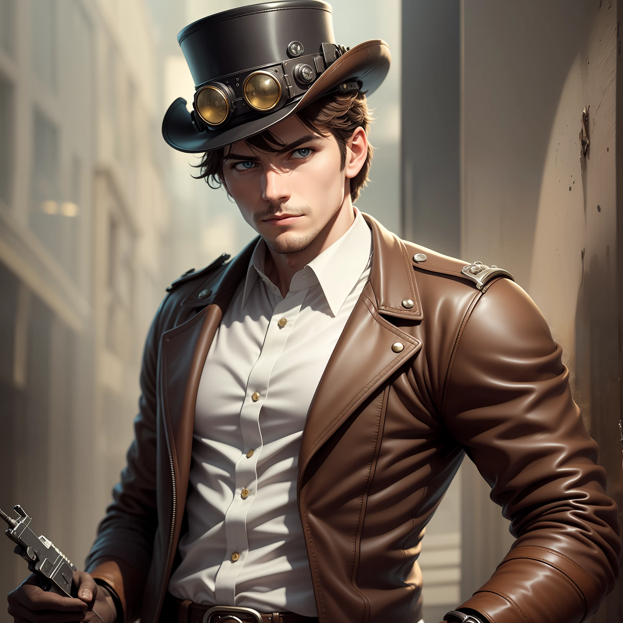 um Home Detective, Conceptual Art, Realism, Godley, Film Lighting, Multiview, Canon, UHD, High Detail, High Quality, HD, 16k,Steampunk,Handsome and slender young man,,Steampunk,Vintage Pilot Goggles,Leather Jacket,Leather Vest,Leather Pants,White Shirt,Top Hat,(Face: 1.3)Face, Detailed face, perfect eyes, serious expression, short haircut, industrial background, intricate details, natural light, correct anatomy, good composition, masculine image, manly, refreshing and clear skin texture, holding a pistol in the right hand