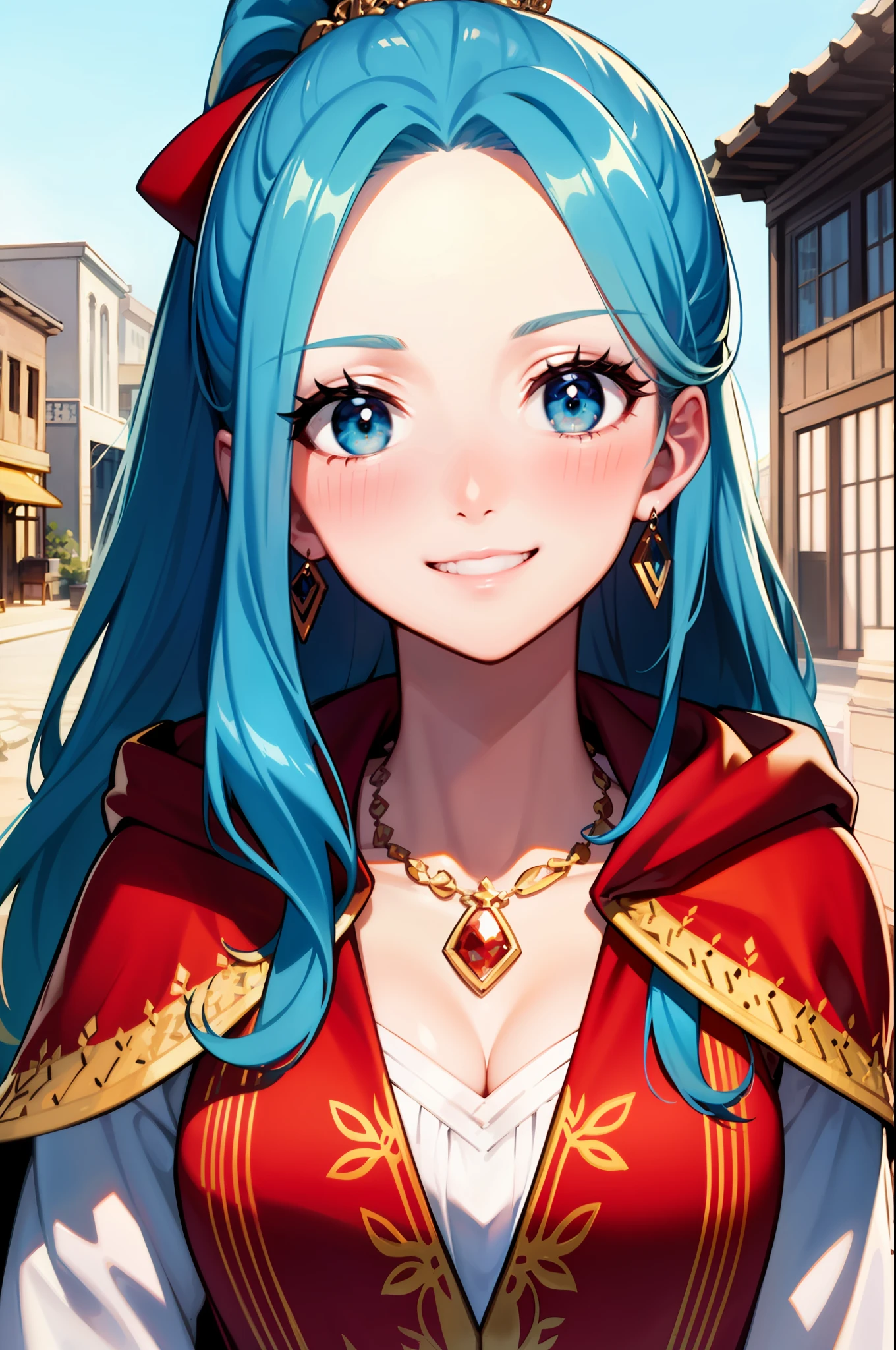 masterpiece, ((ultra detailed background, delicate pattern, intricate detail)), (highly detailed, fine details), best quality, beautiful lighting, (portrait), NefertariViviV3, 1girl, long hair, blue hair, solo, jewelry, earrings, ((red cape, white dress, simple dress)), ponytail, hair ornament, necklace, sky, blue eyes, complex detailed background, outside, sunny, desert town environment, buildings, town, market, hair lift, hands behind back, smile,