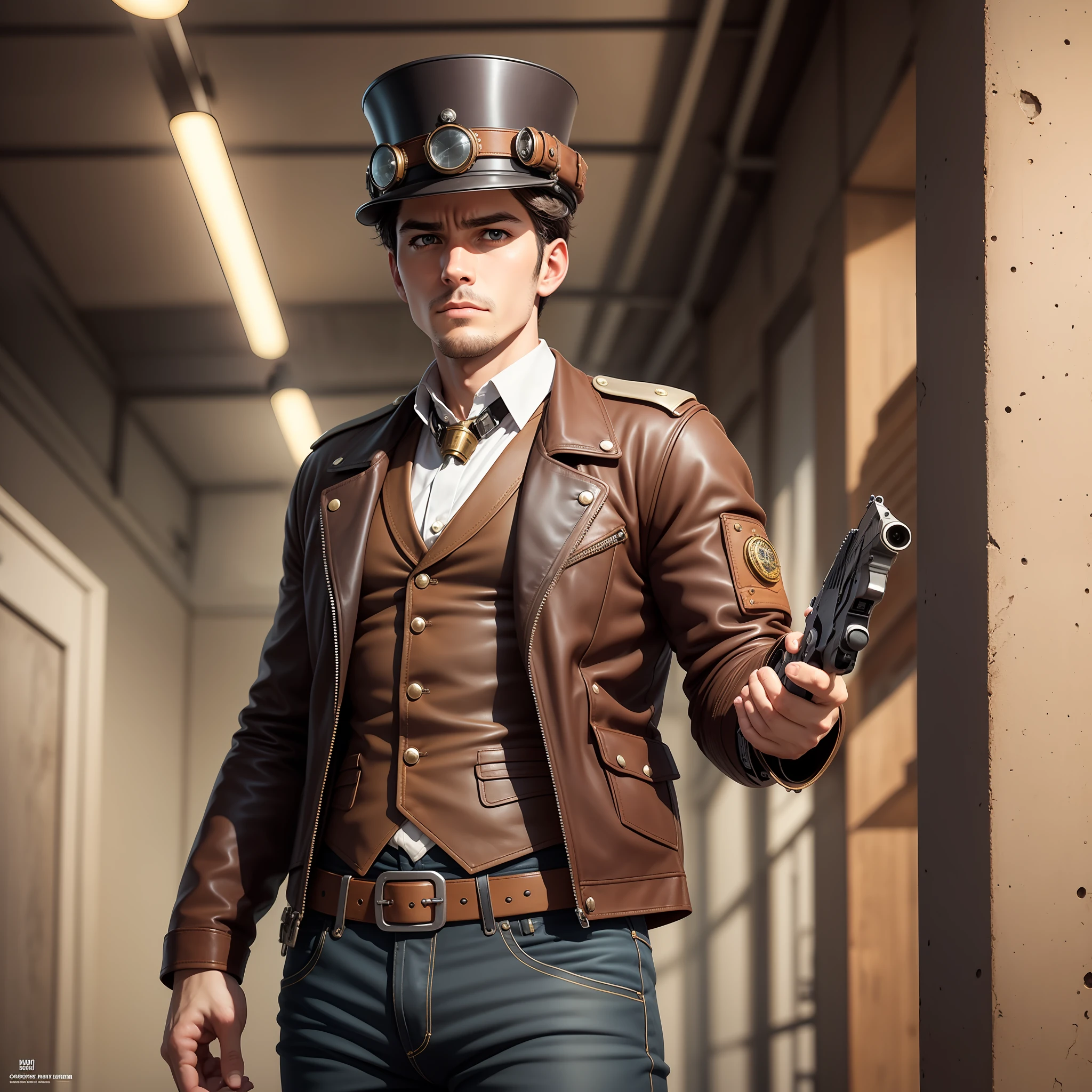 um Home Detective, Conceptual Art, Realism, Godley, Film Lighting, Multiview, Canon, UHD, High Detail, High Quality, HD, 16k,Steampunk,Handsome and slender young man,,Steampunk,Vintage Pilot Goggles,Leather Jacket,Leather Vest,Leather Pants,White Shirt,Top Hat,(Face: 1.3)Face, Detailed face, perfect eyes, serious expression, short haircut, industrial background, intricate details, natural light, correct anatomy, good composition, masculine image, manly, refreshing and clear skin texture, holding a pistol in the right hand