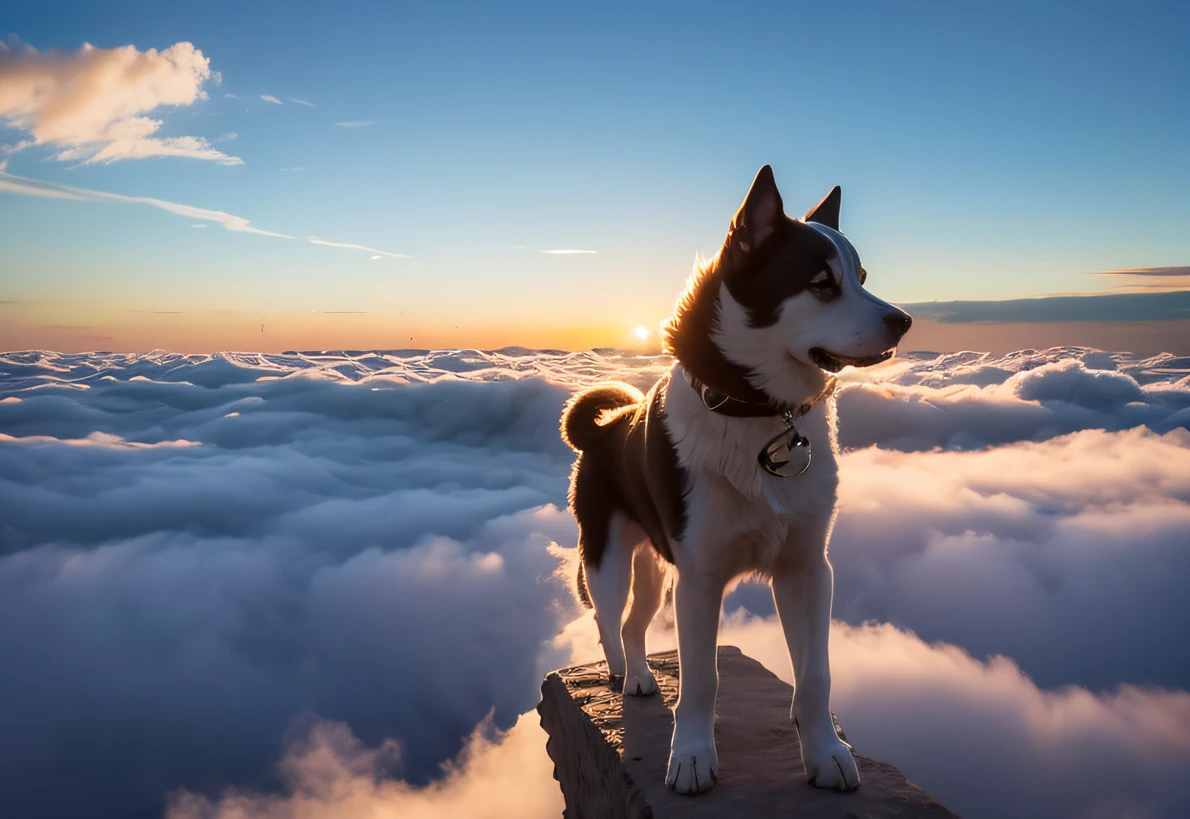 Create a picture of a dog above the clouds