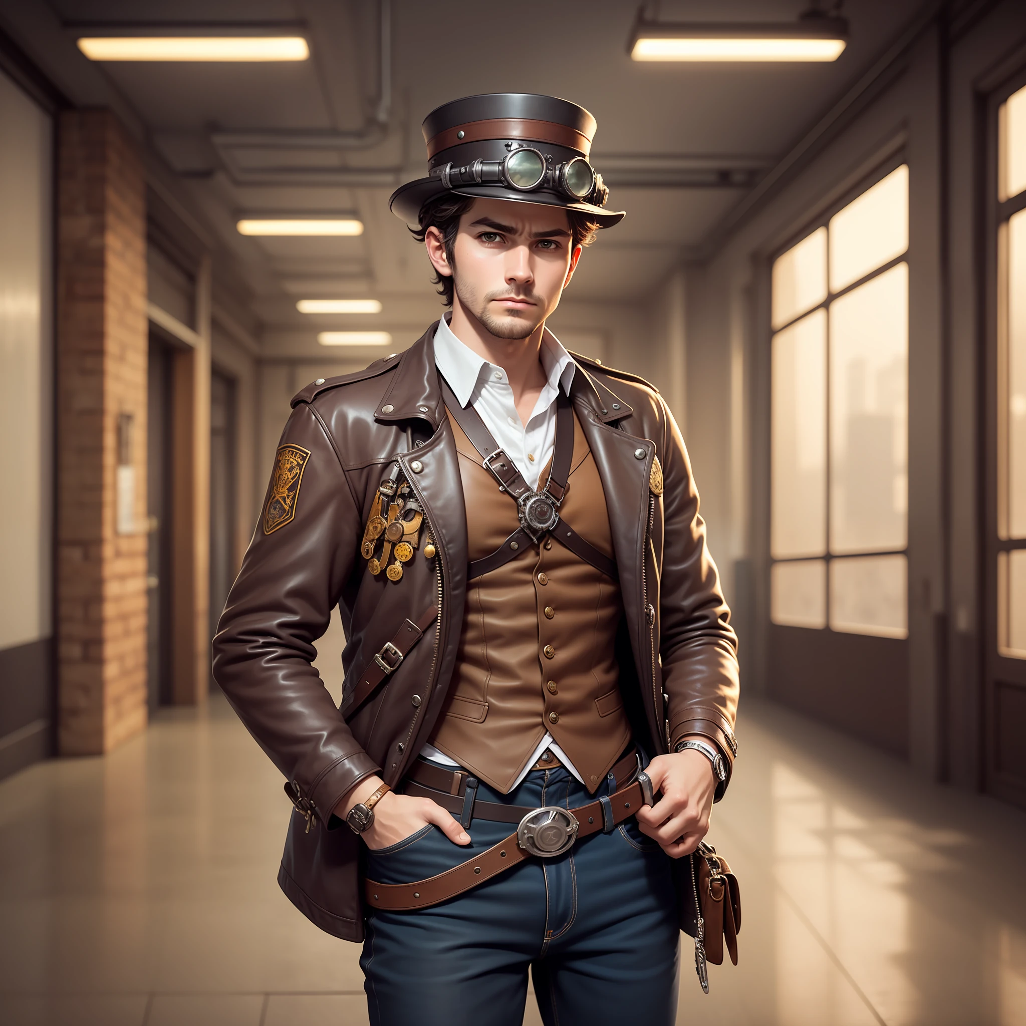 um Home Detective, Conceptual Art, Realism, Godley, Film Lighting, Multiview, Canon, UHD, High Detail, High Quality, HD, 16k,Steampunk,Handsome and slender young man,,Steampunk,Vintage Pilot Goggles,Leather Jacket,Leather Vest,Leather Pants,White Shirt,Top Hat,(Face: 1.3)Face, Detailed face, perfect eyes, serious expression, short haircut, industrial background, intricate details, natural light, correct anatomy, good composition, masculine image, manly, refreshing and clear skin texture, holding a pistol in the right hand