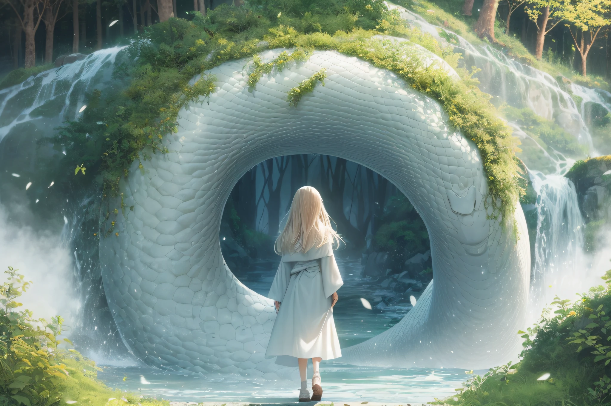 (beautiful and magnificent forest, majestic sky, stream), (very tense dramatic pictures, moving visual effects), (colorful natural light), (masterpiece), (best quality), anime white snake, white snake facing the front, white snake coiling around a tuna , white snake with big mouth open, giant white snake figure, mysterious white snake, white snake carrying good luck, in the forest, high resolution 4K, forest illustration, foggy forest, girl standing --auto --s2