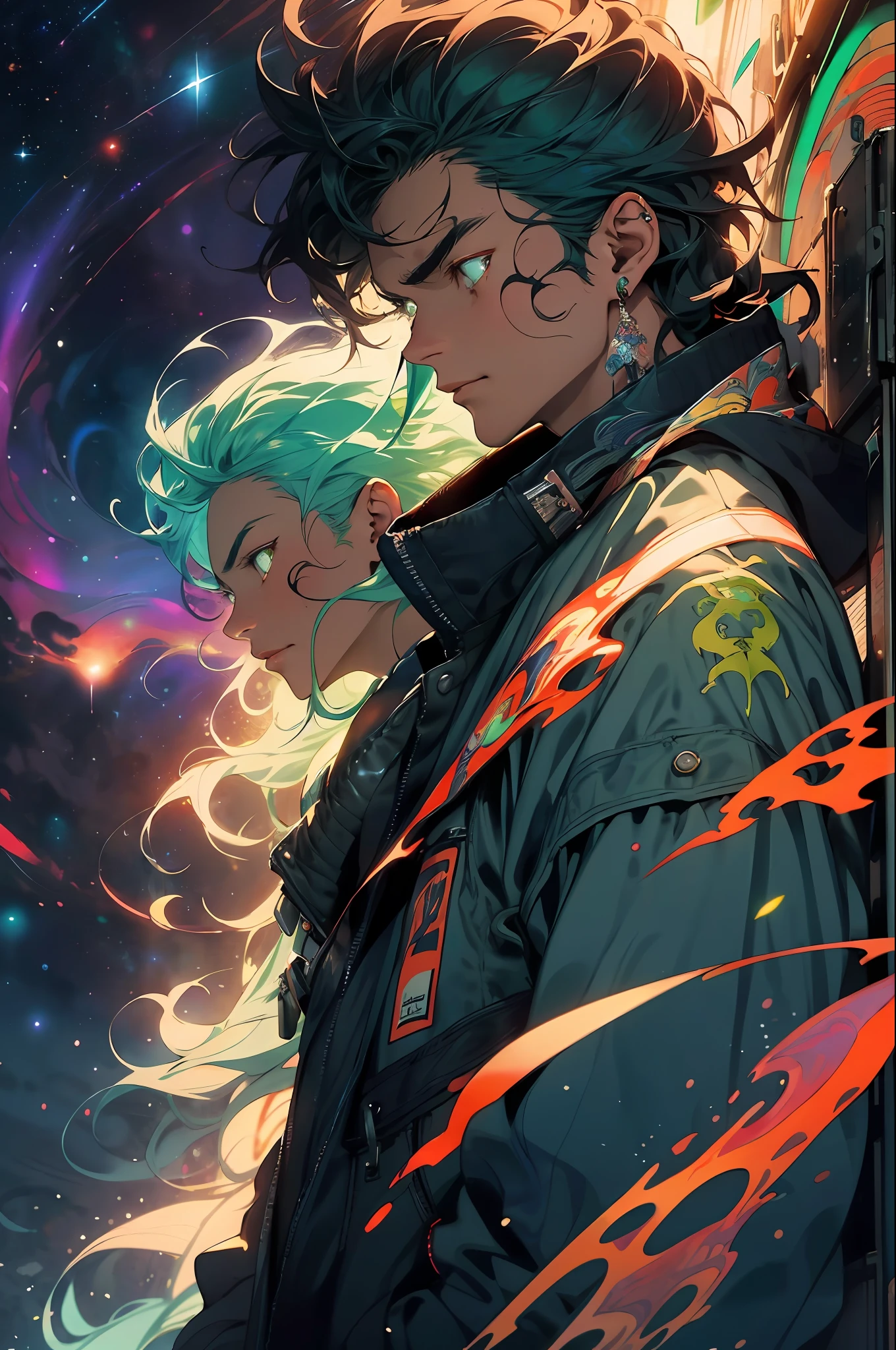 Realistic, (Masterpiece, High Quality, Best Quality, Official Art, Beauty & Aesthetics: 1.2), Very Detailed, Fractal Art, Colorful, Most Detailed, Zentangle, (Abstract Background: 1.5) (1male: 1.3), God, Warrior, Samurai, Black Hair, Long Hair, (Glowing Blue Green Eyes), Mysterious, Starry Sky, Galaxy, Multicolored Northern Lights, Spectrum, Handsome Man, In Love