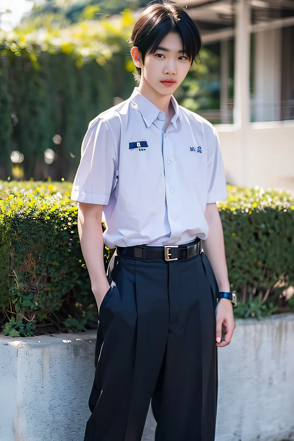 Teenager Thai Men ,1boy ,MATHAYOM UNIFORM
WHITE SHIRT SHORT SLEEVES
BLACK PLEATED LONG Pant