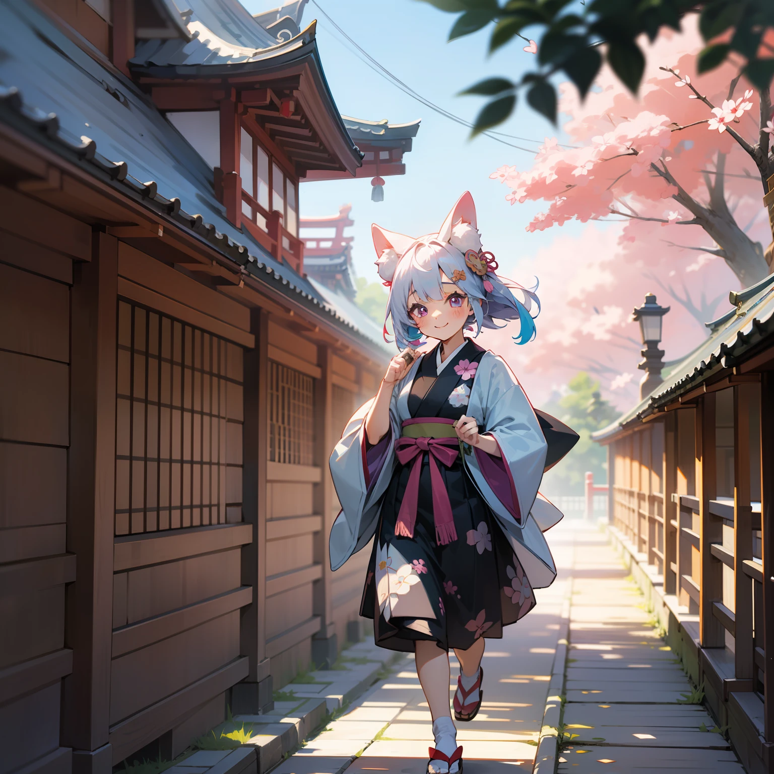 Long shot, cute girl smile, eyes closed, red face, hands in front of her palms up, fingers open