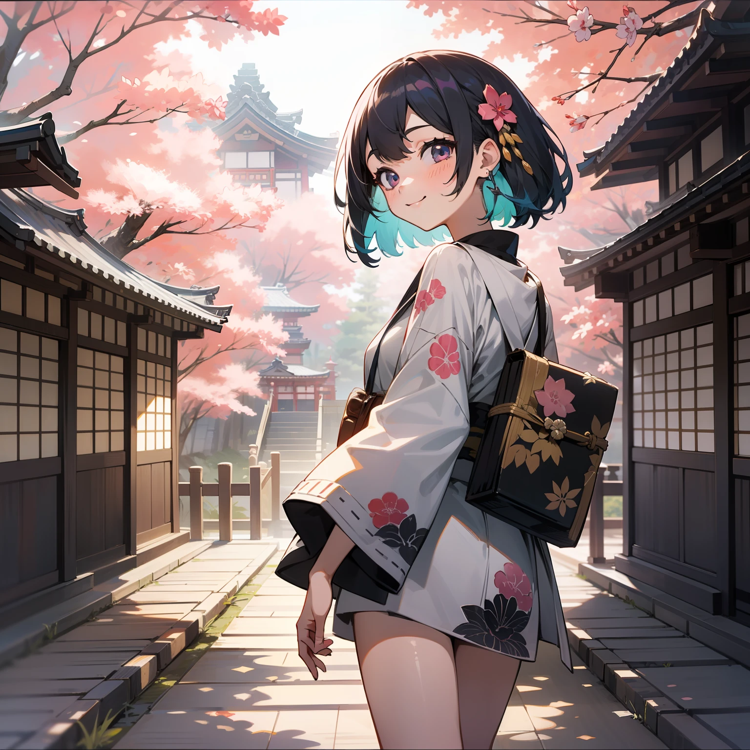 Woodblock prints and ink, A girl turned around, Clothing product samples , kawaii, smile, with colored contacts in her eyes, Accessories, full body,walking , in summer , Kinkakuji Temple in Kyoto
