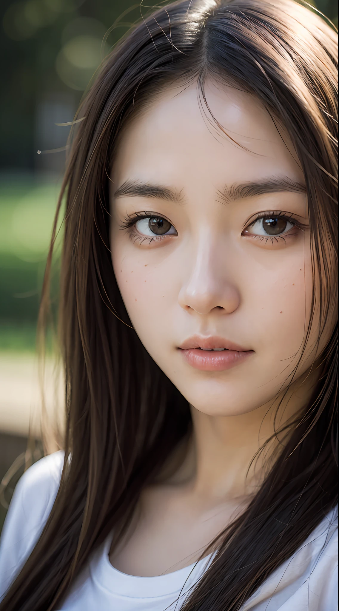 8k, best quality, masterpiece, realistic, ultra detail,  photography, HDR, ROW photo, highres, absurdres, smoother light, official art, depth of field, (brightening light:1.1),
face close-up, slender, finely detailed face, shy, beautiful details eyes, 19years old korean, pretty, (best quality real texture skin:1.4),
t-shirts, wind,