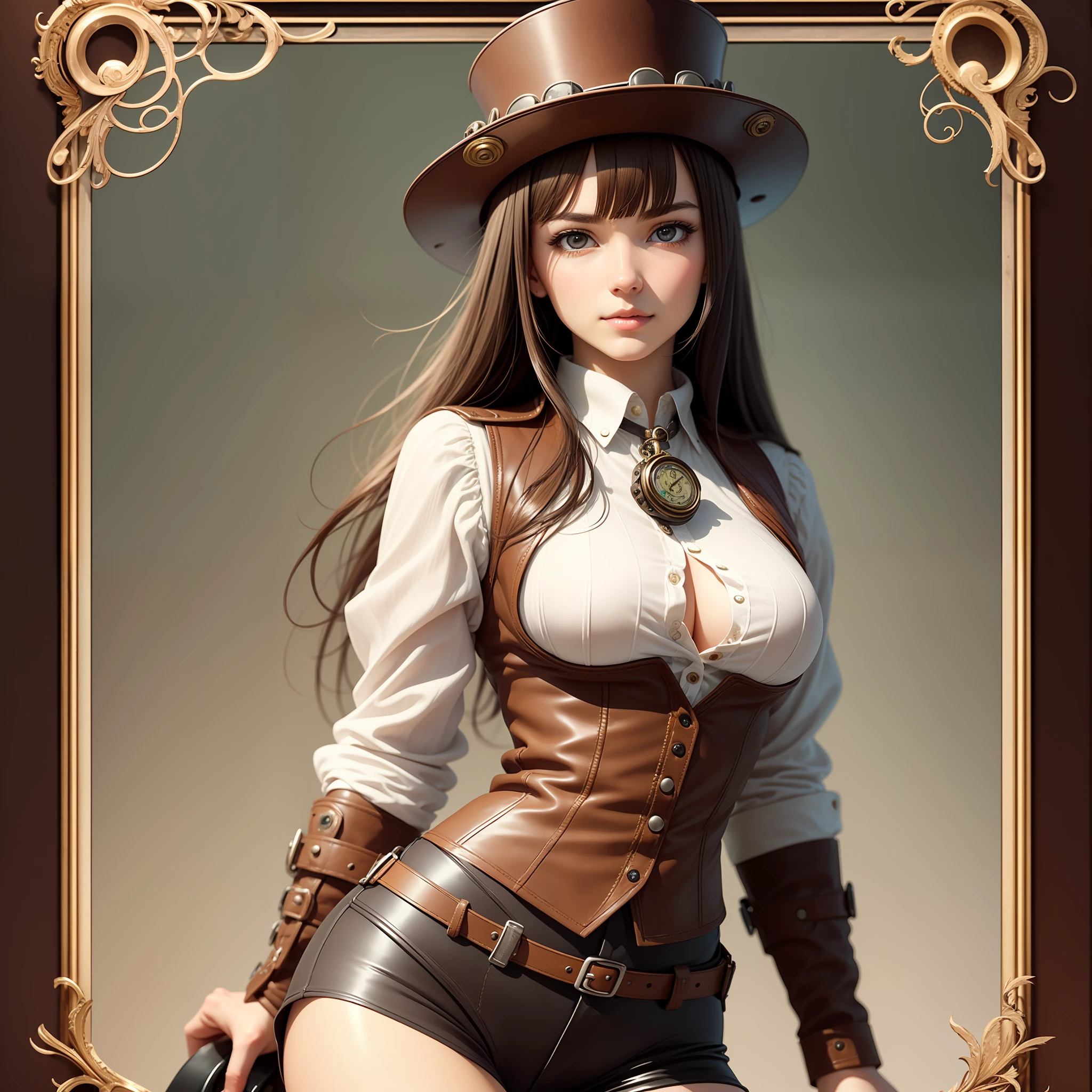 steampunk, very detailed beautiful girl, very detailed face, very detailed eyes, very detailed skin, very detailed fingers, very detailed nose, very detailed detailed mouth, perfect anatomy, detailed background, detailed clothes, one girl, (20:1.2), 20s, incredible beautiful girl, realistic body, petite, white skin, radiant skin, slim body, handsome body, slightly brownish black hair, Long straight hair, (dull bangs: 1.2), cute, youthful, pretty face, realistic face, delicate eyes, sagging eyes, top hat, antique pilot goggles, leather vest, white blouse, leather pants, long boots, camera gaze, cowboy shots, front-facing, standing position, contrappost, dynamic lighting, small pretty breasts, Cowboy Shots