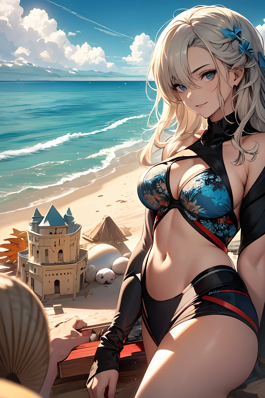 Focus on the person. We create and express the best shining composition of the person. ((Masterpiece)), (((highest quality)))), ((Ultra detail)), (Ultra realistic), (Highly detailed CG illustrations), (Very delicate and beautiful), Girls as masterpieces, highest quality, realistic skin, realistic fabrics, realist illustrations focusing on girls with realistic and ultra-detailed eyes in the center front. This is the absolute rule, and the following sentence expresses the image quality. It is the greatest masterpiece in the history of the class of Inuitsuki Ichigo, in which the owner of the greatest painting talent in human history met an unparalleled beauty and risked his life to depict the most beautiful figure. Create stunning anime artwork that is currently trending on seaStation, showcasing exquisite beauty and captivating aesthetics. 
"Imagine a scene where the ocean waves gently lap under the beach sun, and the sisters are playing in bright bikinis, building sandcastles. They are building sea shells and star-shaped sandcastles. Capture their smiles and happy expressions. In the background, you can see the blue sea and sky, and in the distance you can see a sailing ship. Add beach items like beach  and floats to add liveliness to the scene."