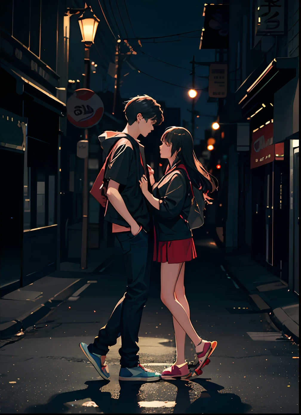 graphic design, flat design, boy carrying a skateboard and beautiful girl in their twenties, hugging, in love, romance. Full body. Night city, highly detailed clean, photorealistic masterpiece, professional photography, realistic, very dark background, isometric, vibrant color vector, high definition --auto