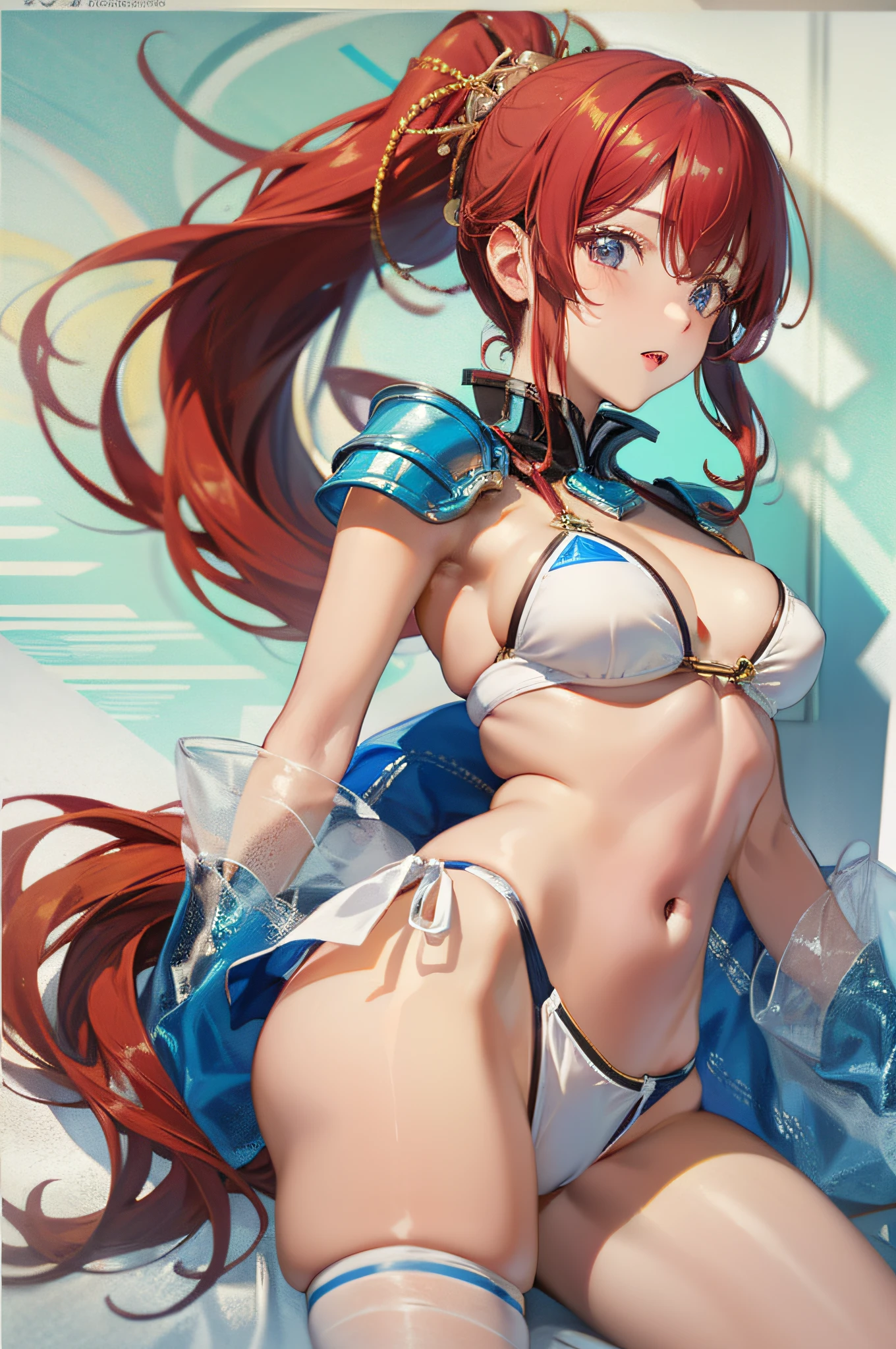 Kasumi Yoshizawa, Yoko Asagiri, Bikini Armor, Full Length Image, High Quality, Ponytail, Small Breasts, Bangs, Smooth Thighs, Patsun, Top Quality, Ultra High Definition, Fine Eyes, Slender Legs, Fine Beautiful Eyes, 8K, White Bikini, Butt Protruding, Red Hair