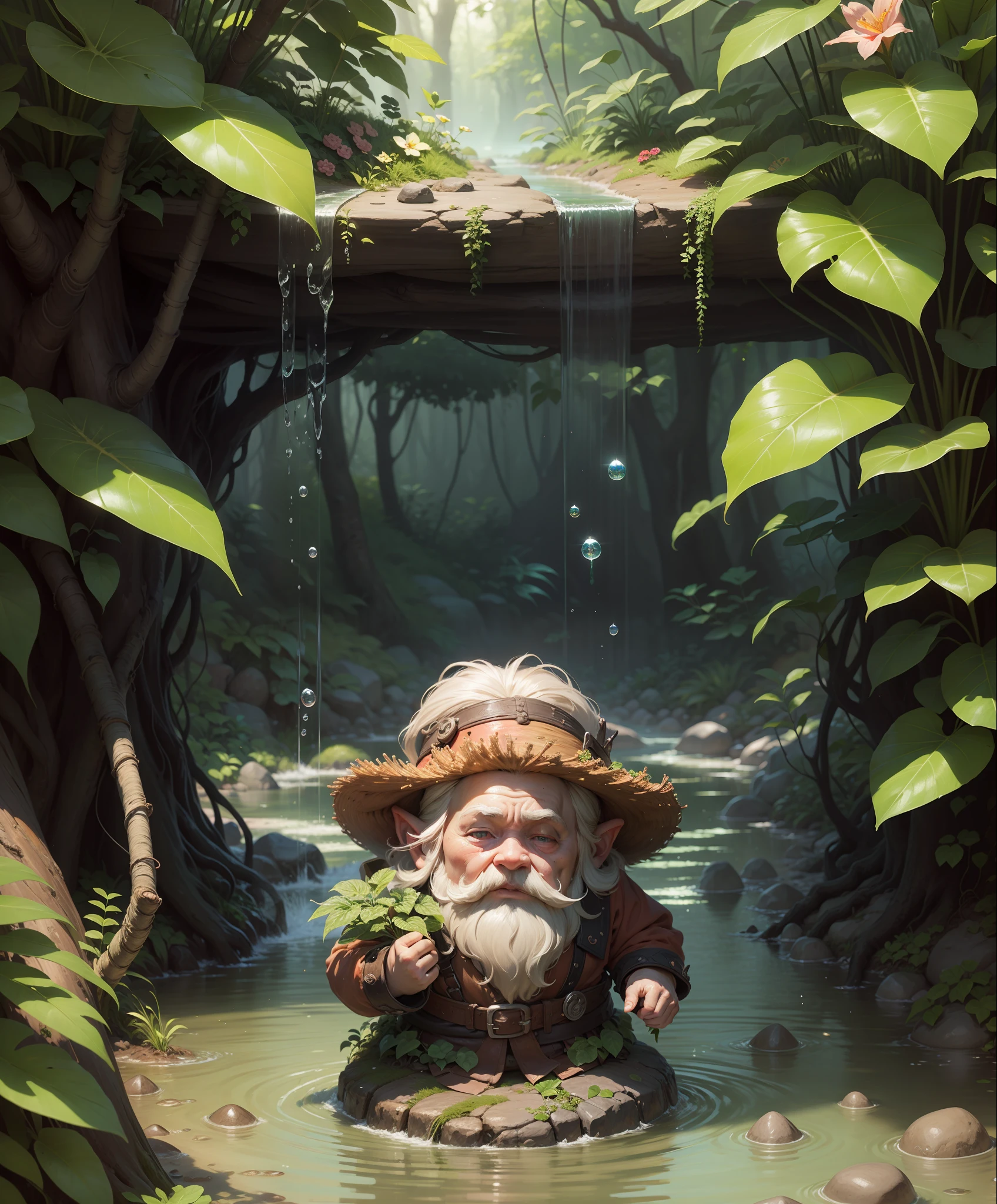 Dwarf jungle, water, pebbles, vine, flowers,
