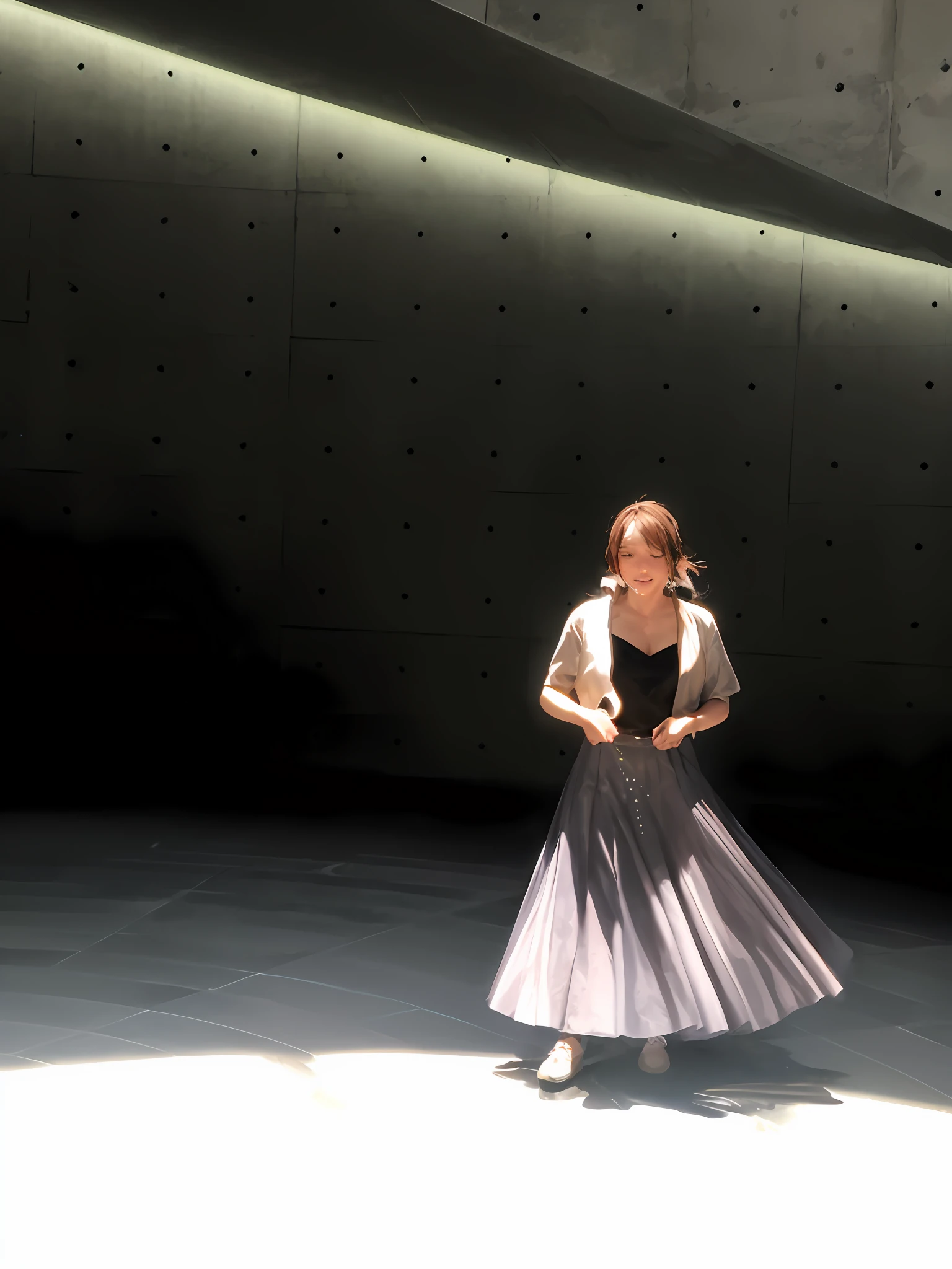 there is a woman standing in a room with a light on, style of yoshii chie, standing under a beam of light, captured on iphone, whirling, in a glowing skirt, shot with iphone 1 0, twirling, full pose, summer light, chiho, some sunlight ray, in tokio, with ethereal light, dressed in long fluent skirt
